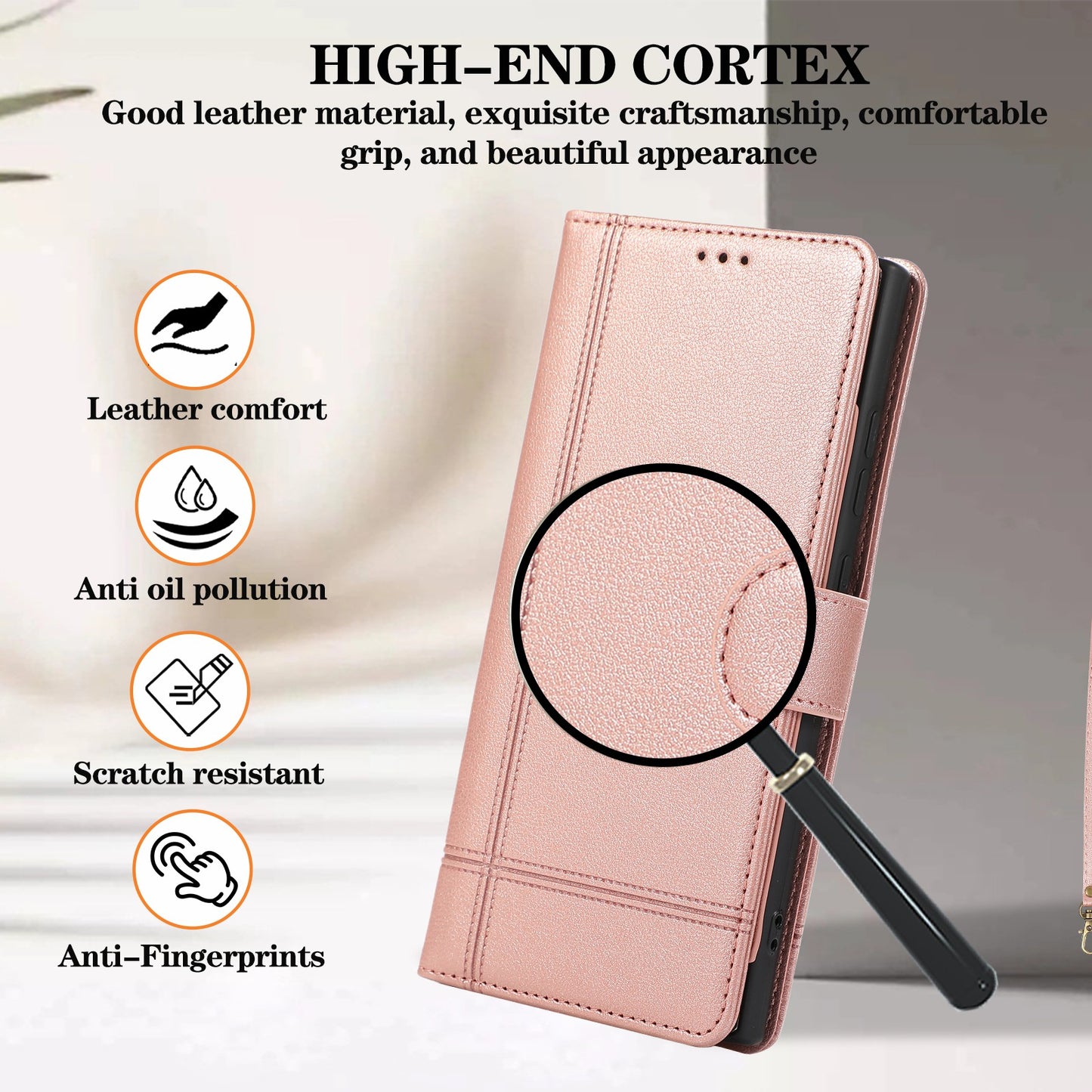 For Samsung Galaxy S24 Ultra Cell Phone Cases Folio Flip Leather Protection Cover with Mirror - Rose Gold