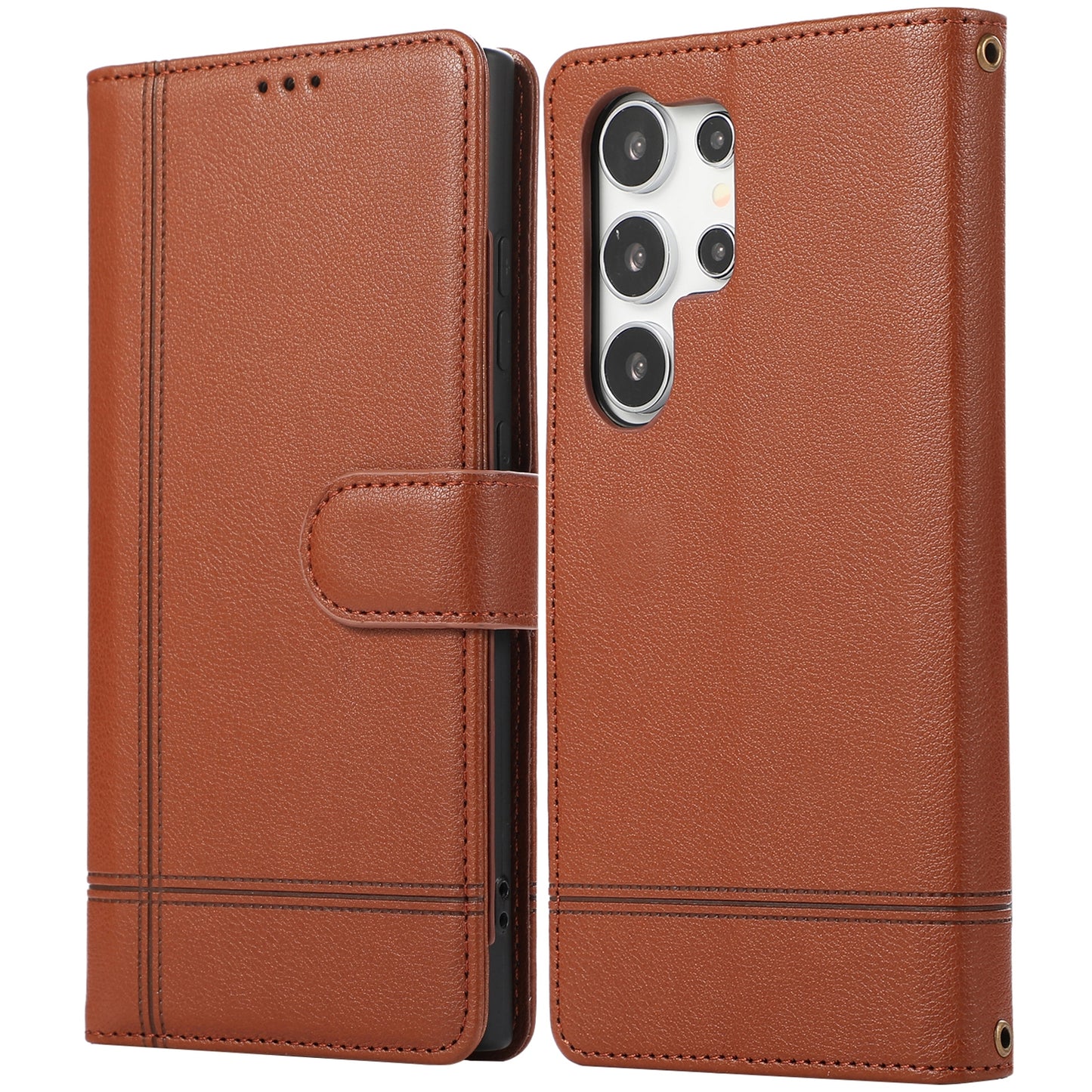 For Samsung Galaxy S24 Ultra Cell Phone Cases Folio Flip Leather Protection Cover with Mirror - Brown