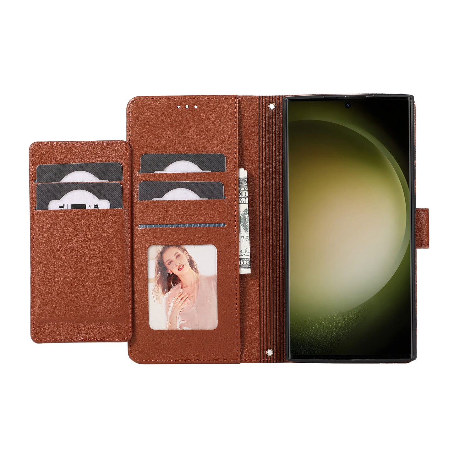 For Samsung Galaxy S24 Ultra Cell Phone Cases Folio Flip Leather Protection Cover with Mirror - Brown