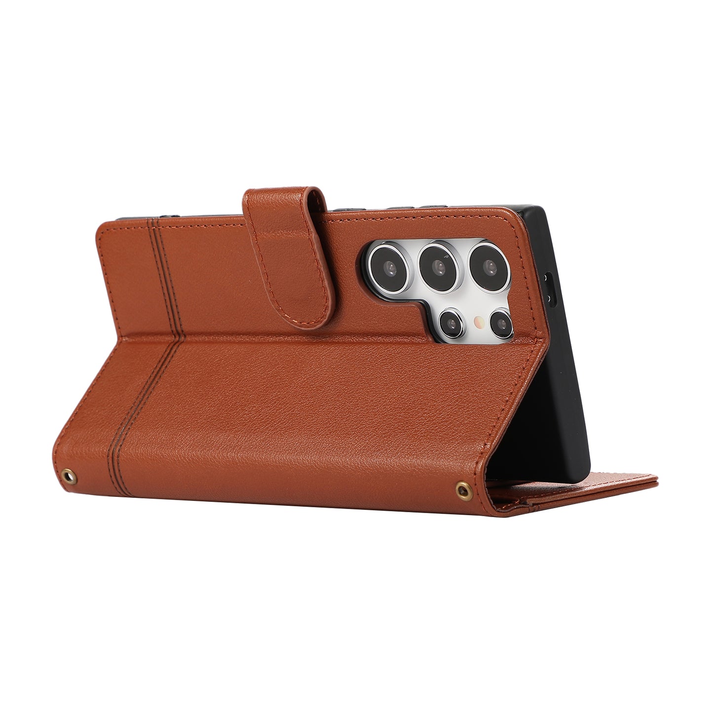 For Samsung Galaxy S24 Ultra Cell Phone Cases Folio Flip Leather Protection Cover with Mirror - Brown