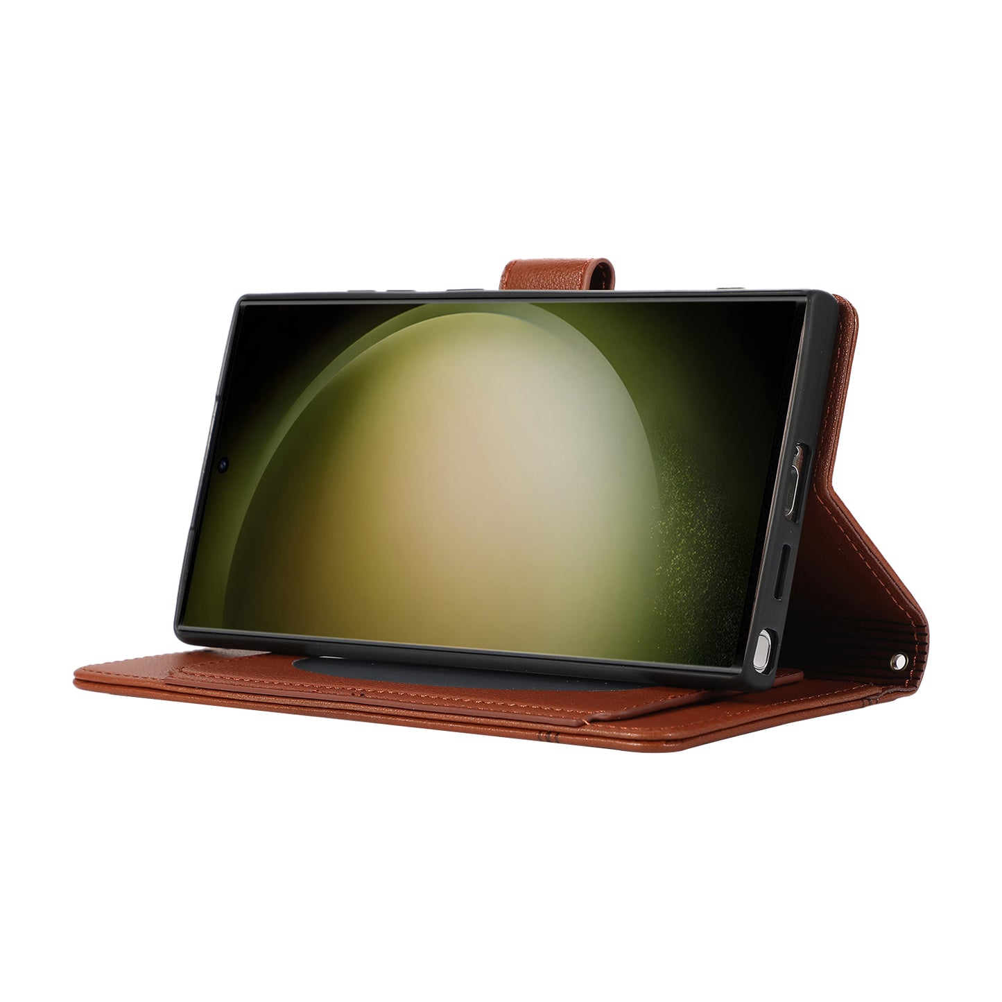 For Samsung Galaxy S24 Ultra Cell Phone Cases Folio Flip Leather Protection Cover with Mirror - Brown