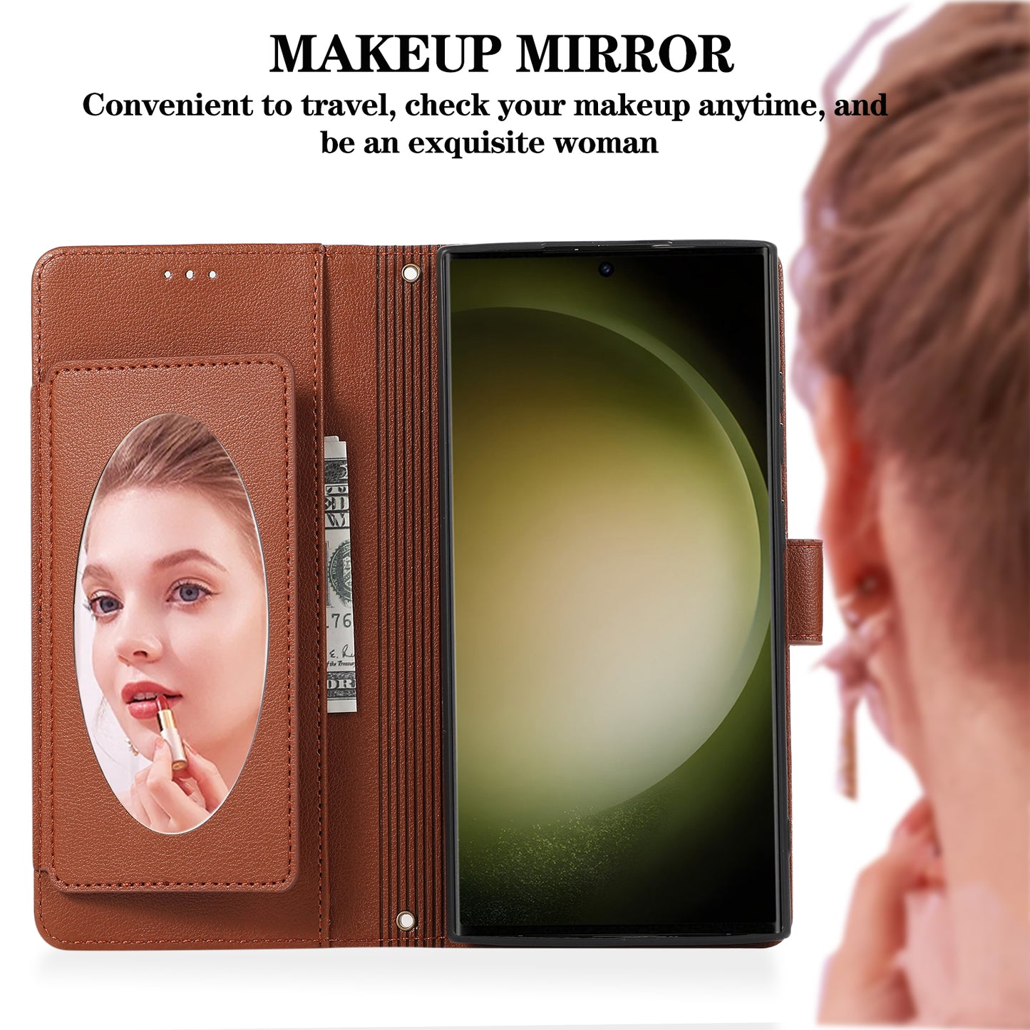 For Samsung Galaxy S24 Ultra Cell Phone Cases Folio Flip Leather Protection Cover with Mirror - Brown