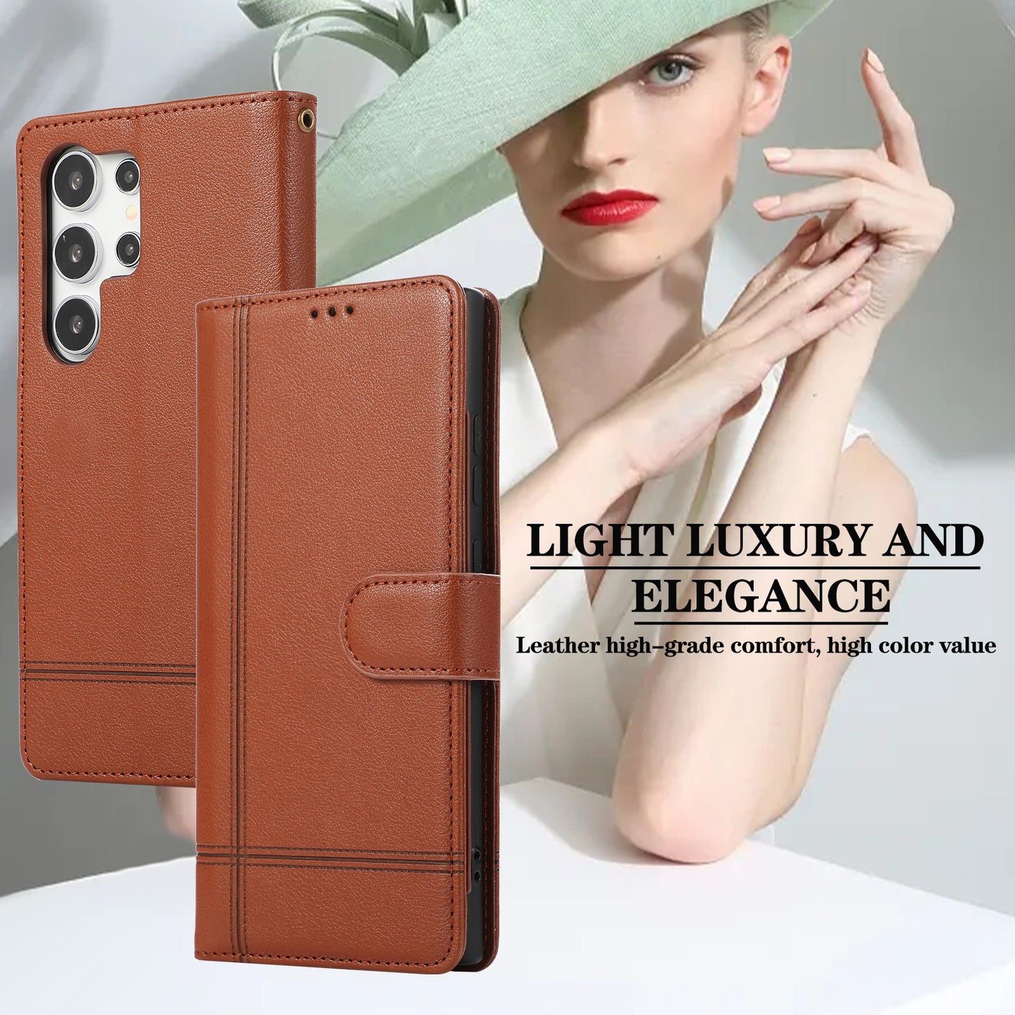 For Samsung Galaxy S24 Ultra Cell Phone Cases Folio Flip Leather Protection Cover with Mirror - Brown