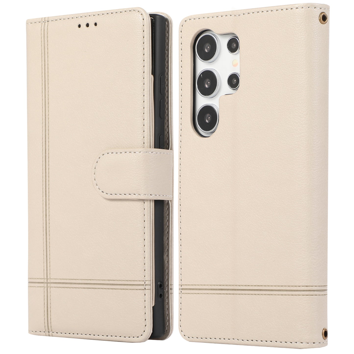 For Samsung Galaxy S24 Ultra Cell Phone Cases Folio Flip Leather Protection Cover with Mirror - Beige