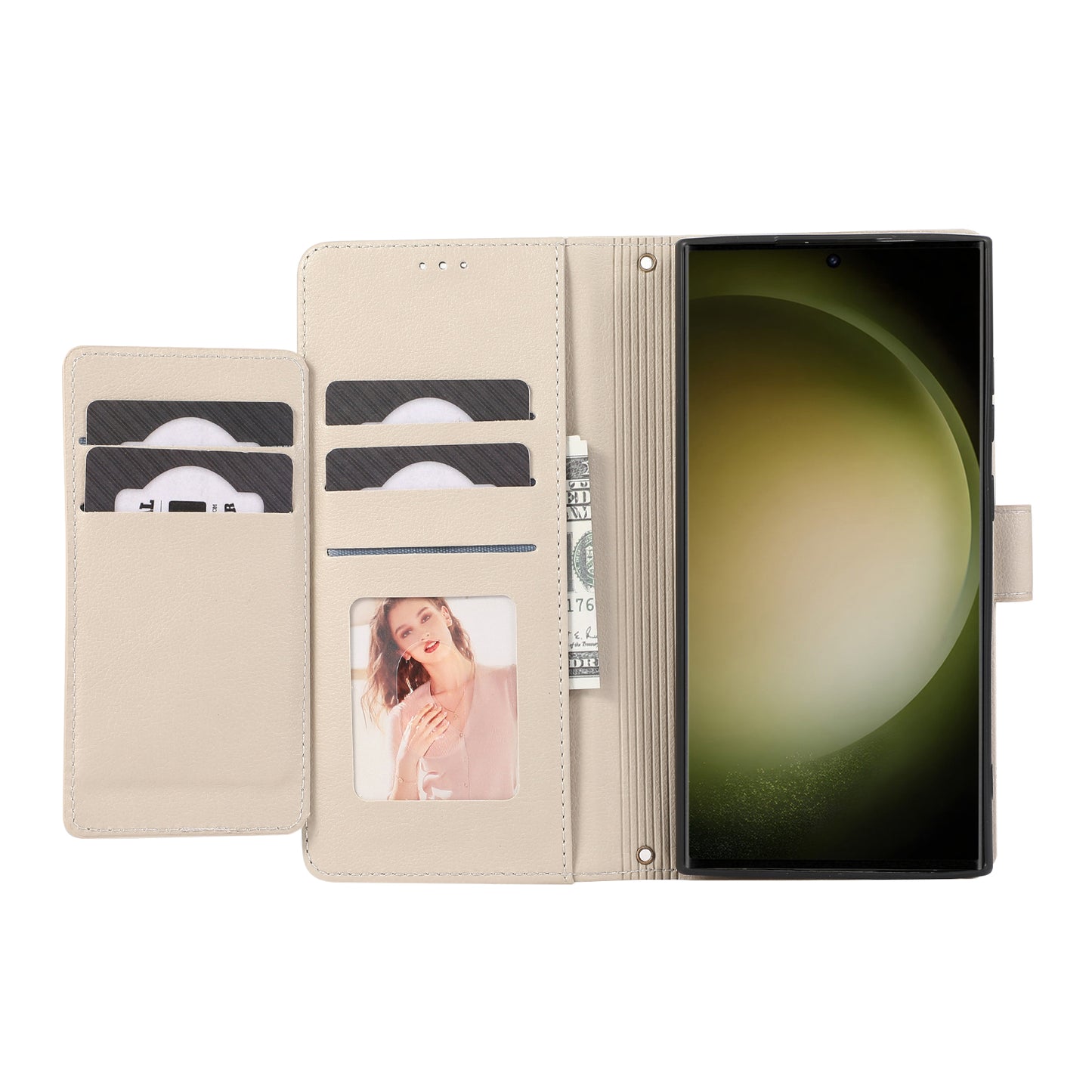 For Samsung Galaxy S24 Ultra Cell Phone Cases Folio Flip Leather Protection Cover with Mirror - Beige