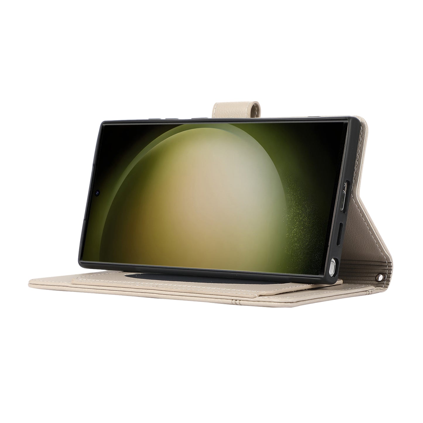 For Samsung Galaxy S24 Ultra Cell Phone Cases Folio Flip Leather Protection Cover with Mirror - Beige