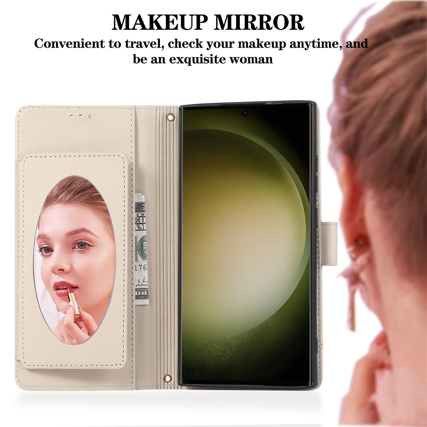 For Samsung Galaxy S24 Ultra Cell Phone Cases Folio Flip Leather Protection Cover with Mirror - Beige