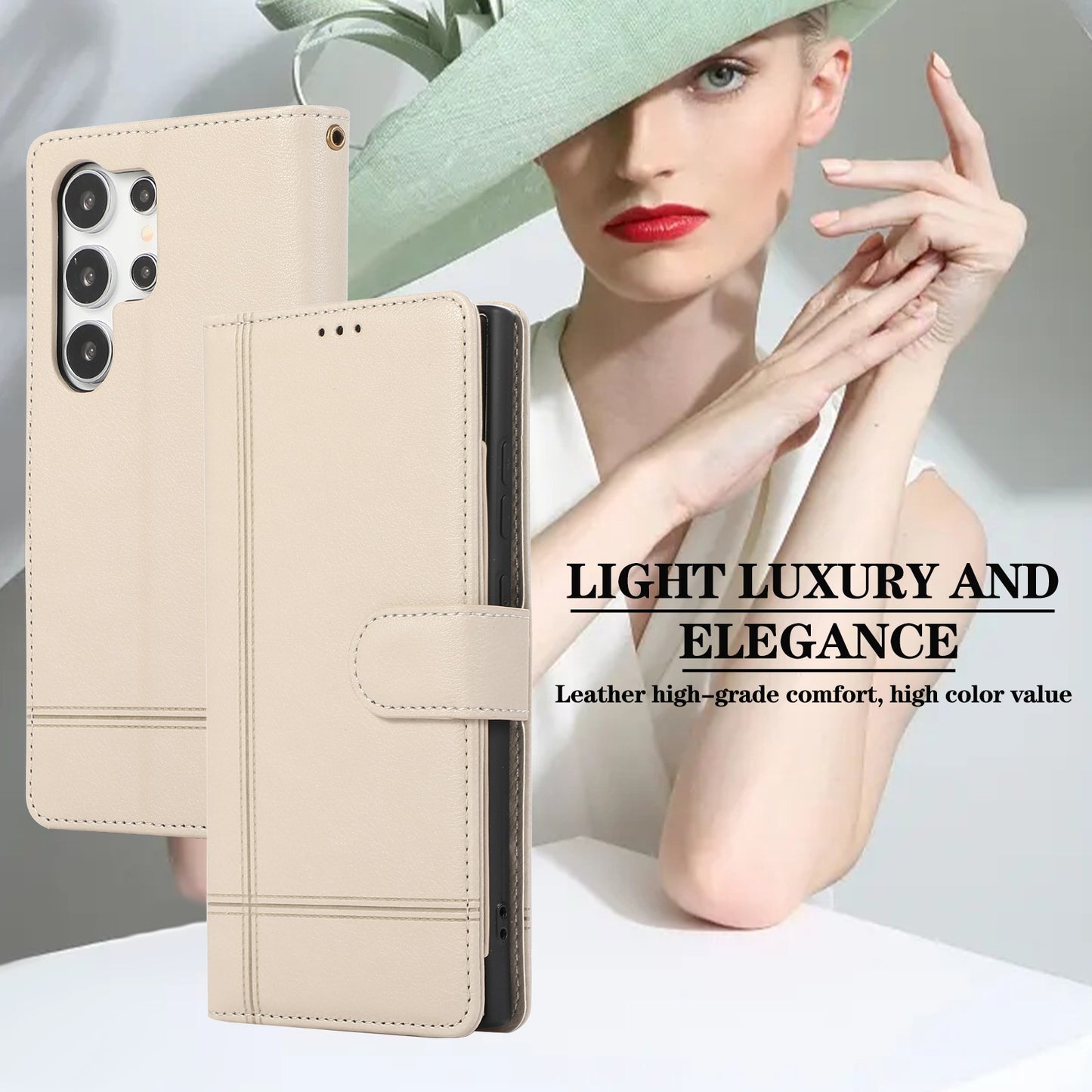 For Samsung Galaxy S24 Ultra Cell Phone Cases Folio Flip Leather Protection Cover with Mirror - Beige