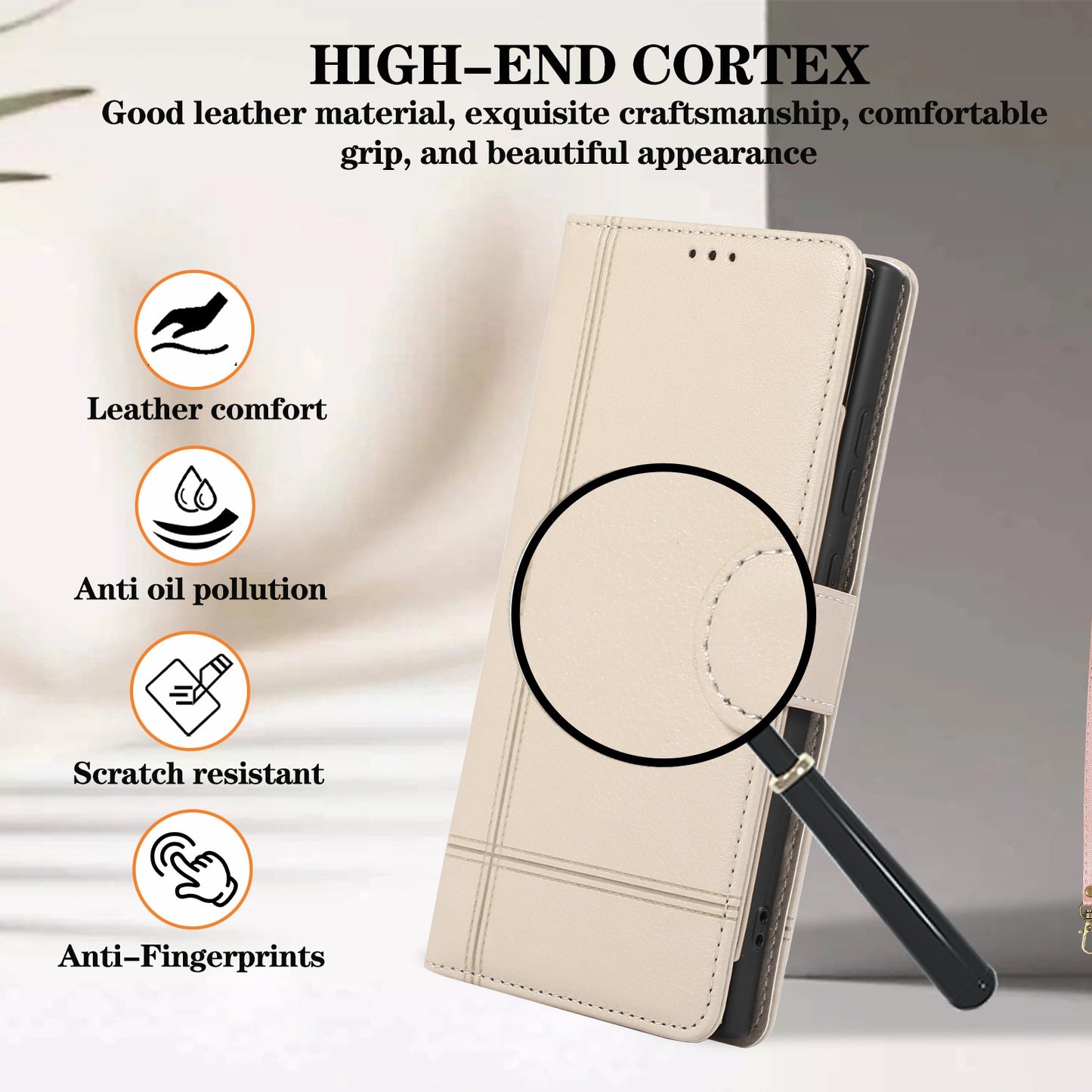 For Samsung Galaxy S24 Ultra Cell Phone Cases Folio Flip Leather Protection Cover with Mirror - Beige