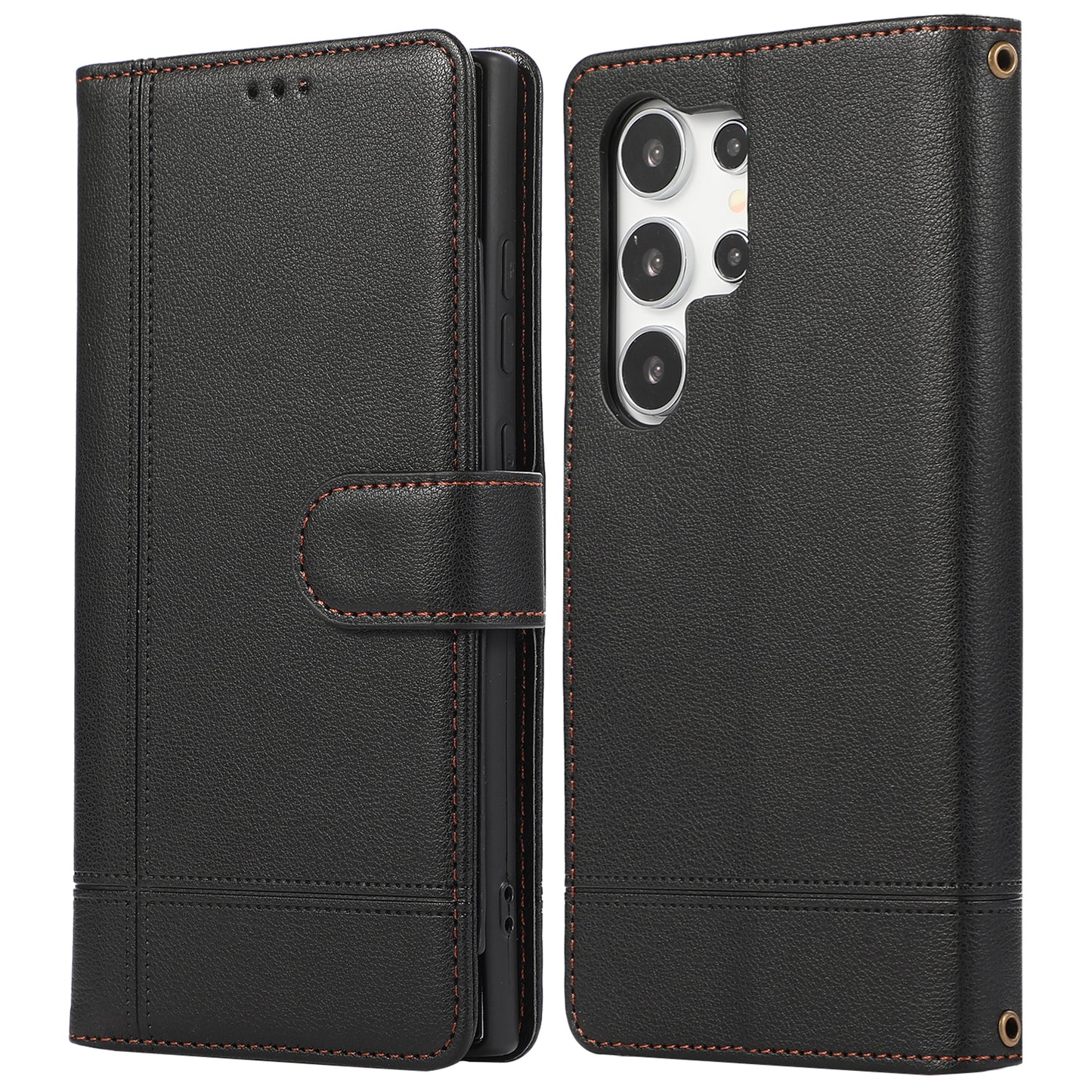 For Samsung Galaxy S24 Ultra Cell Phone Cases Folio Flip Leather Protection Cover with Mirror - Black