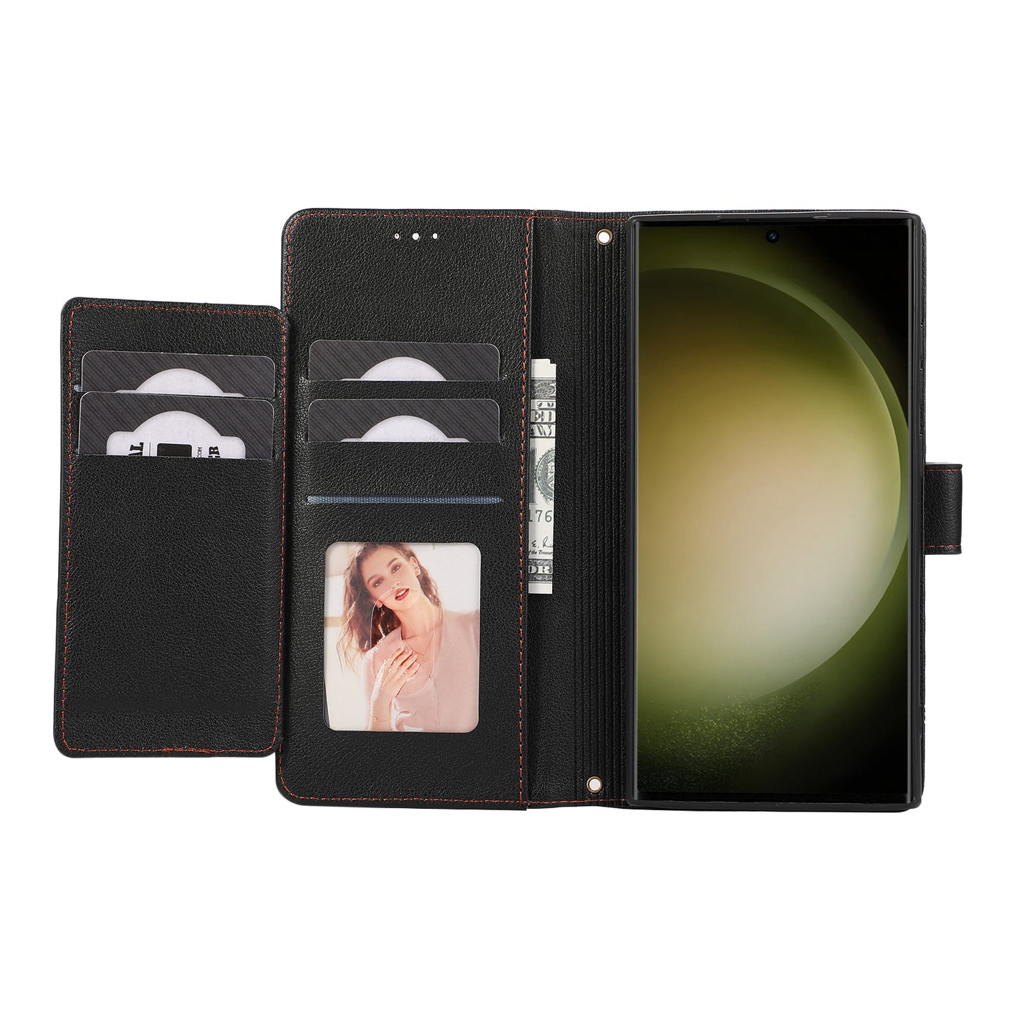 For Samsung Galaxy S24 Ultra Cell Phone Cases Folio Flip Leather Protection Cover with Mirror - Black