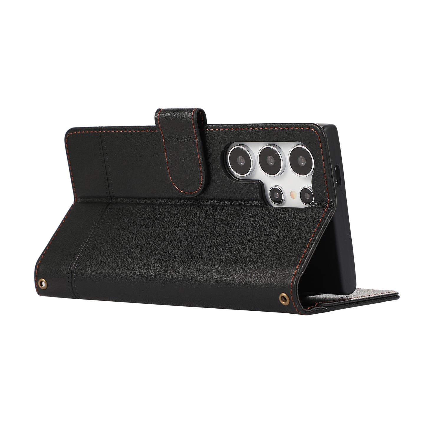 For Samsung Galaxy S24 Ultra Cell Phone Cases Folio Flip Leather Protection Cover with Mirror - Black