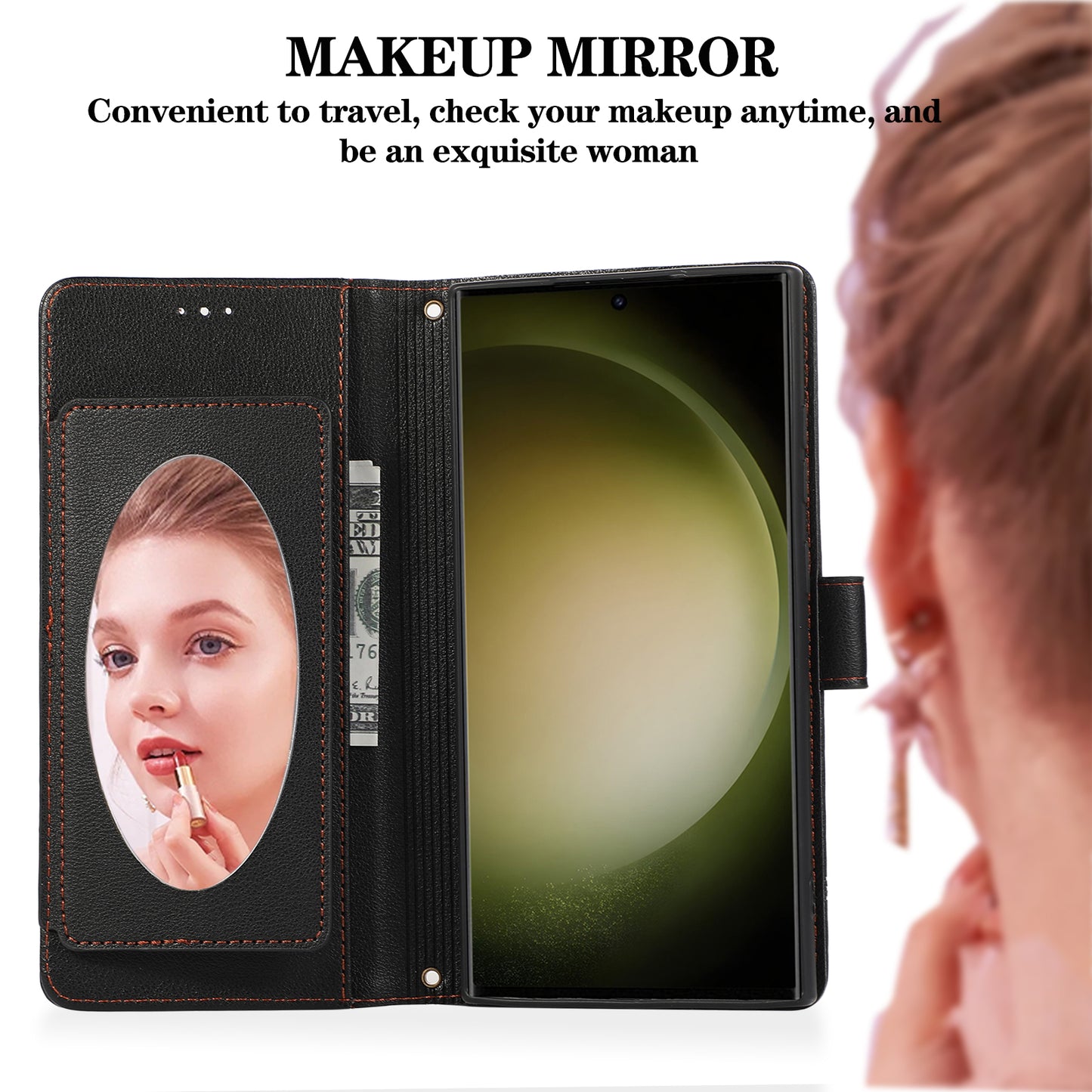 For Samsung Galaxy S24 Ultra Cell Phone Cases Folio Flip Leather Protection Cover with Mirror - Black