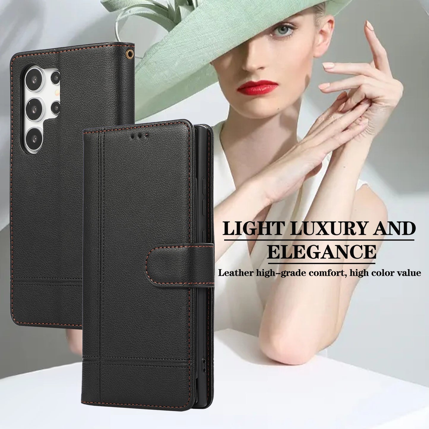 For Samsung Galaxy S24 Ultra Cell Phone Cases Folio Flip Leather Protection Cover with Mirror - Black