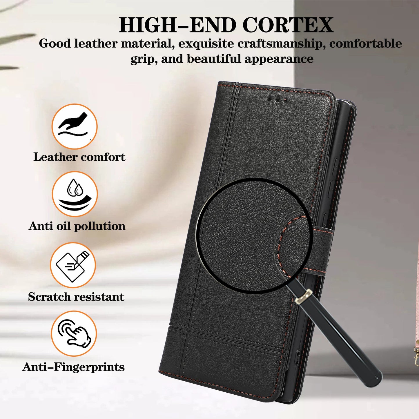 For Samsung Galaxy S24 Ultra Cell Phone Cases Folio Flip Leather Protection Cover with Mirror - Black