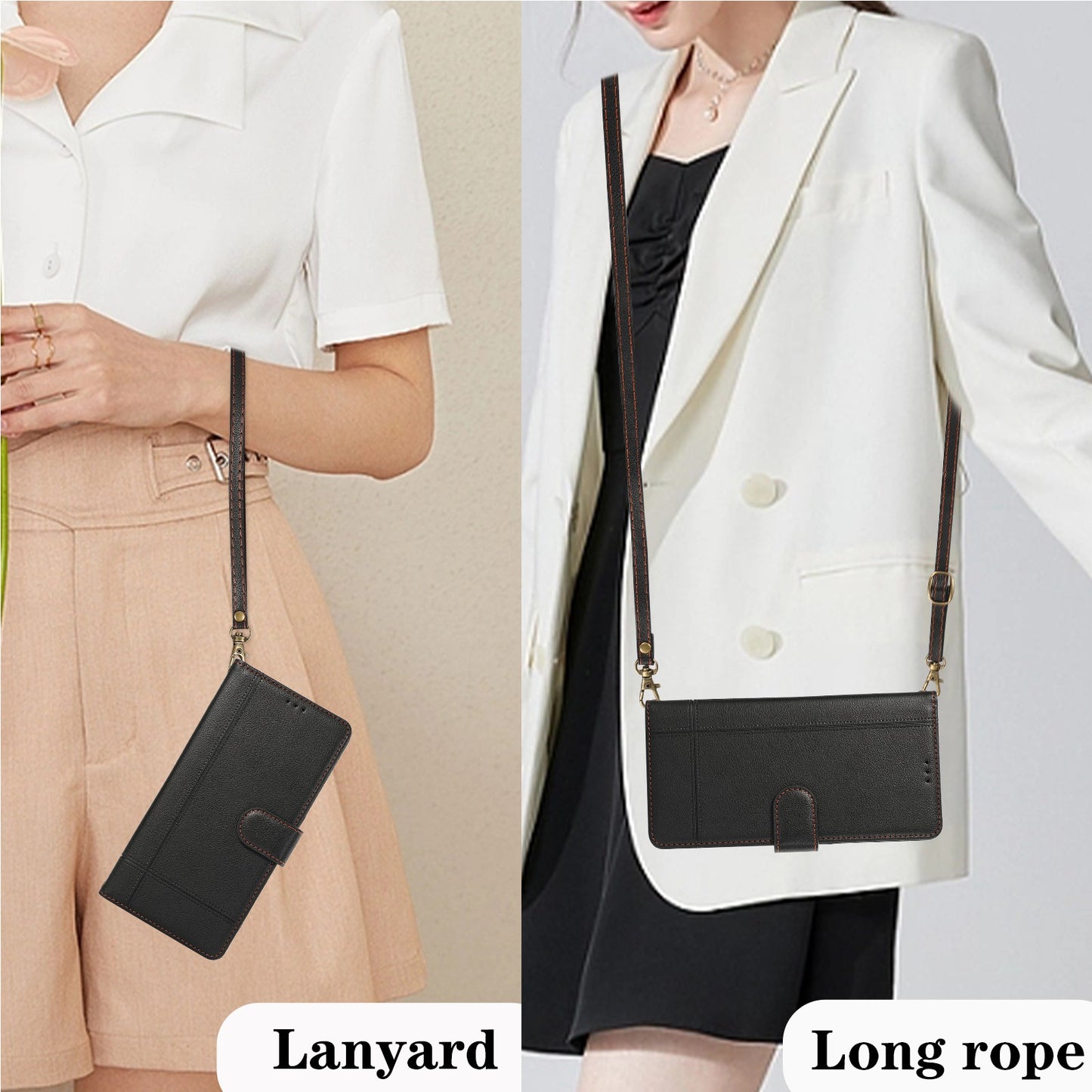 For Samsung Galaxy S24 Ultra Cell Phone Cases Folio Flip Leather Protection Cover with Mirror - Black