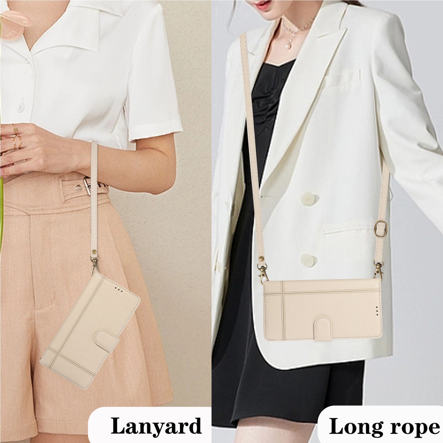 For Samsung Galaxy S24+ Case PU Leather Wallet Built-in Acrylic Mirror Phone Cover with 2 Straps - Beige