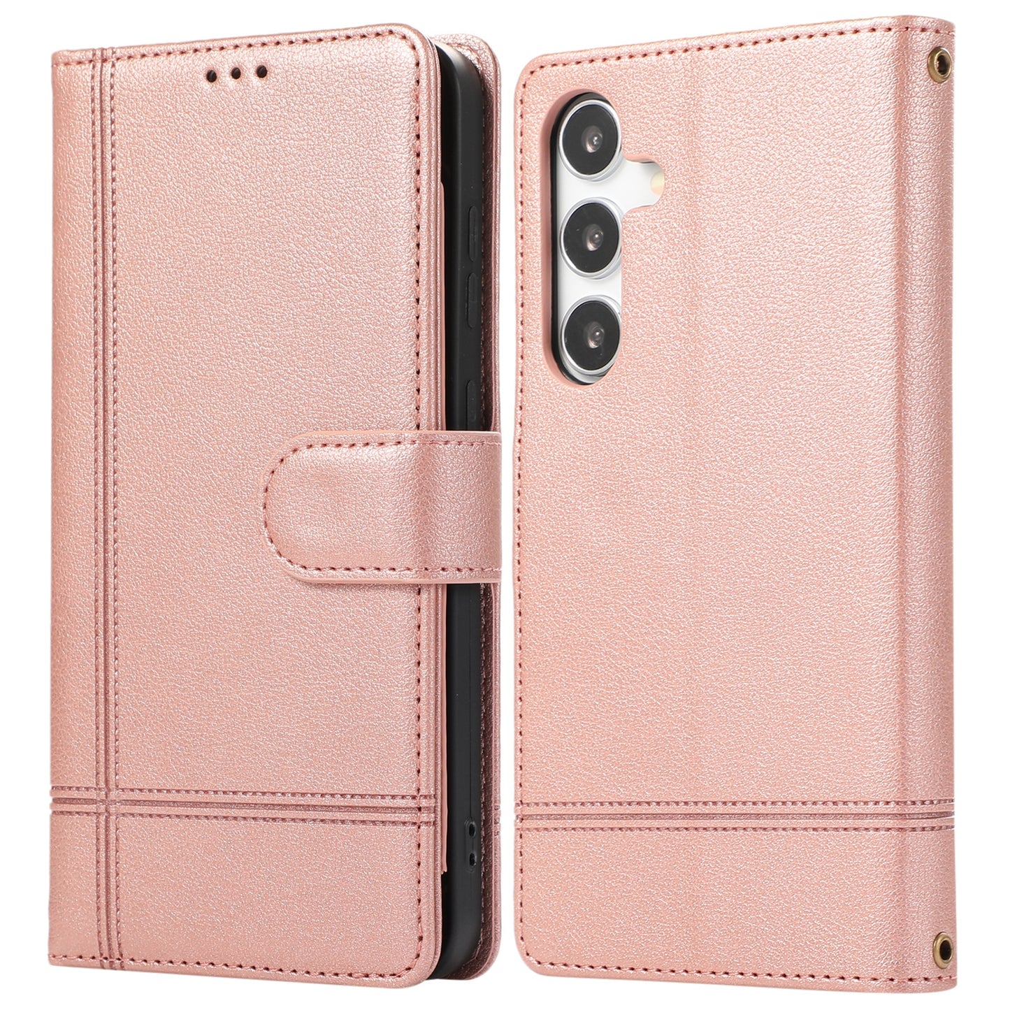 For Samsung Galaxy S24+ Case PU Leather Wallet Built-in Acrylic Mirror Phone Cover with 2 Straps - Rose Gold
