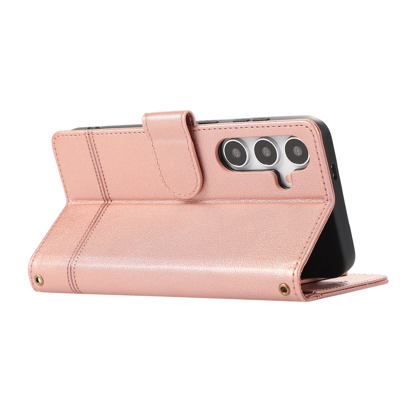 For Samsung Galaxy S24+ Case PU Leather Wallet Built-in Acrylic Mirror Phone Cover with 2 Straps - Rose Gold