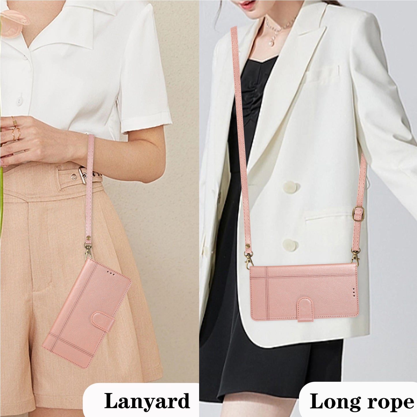 For Samsung Galaxy S24+ Case PU Leather Wallet Built-in Acrylic Mirror Phone Cover with 2 Straps - Rose Gold