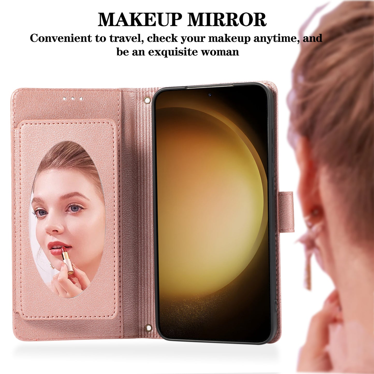 For Samsung Galaxy S24+ Case PU Leather Wallet Built-in Acrylic Mirror Phone Cover with 2 Straps - Rose Gold