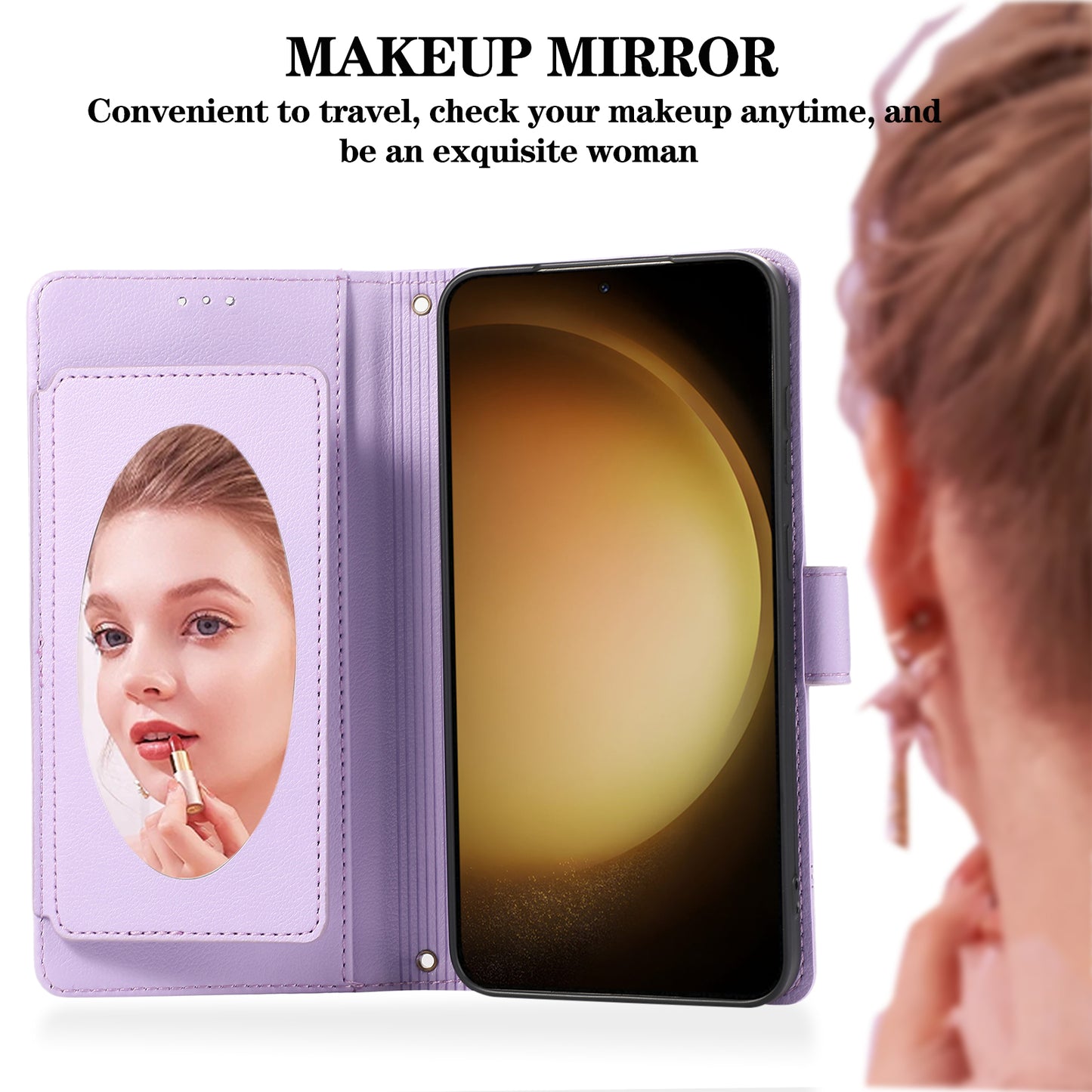 For Samsung Galaxy S24+ Case PU Leather Wallet Built-in Acrylic Mirror Phone Cover with 2 Straps - Purple