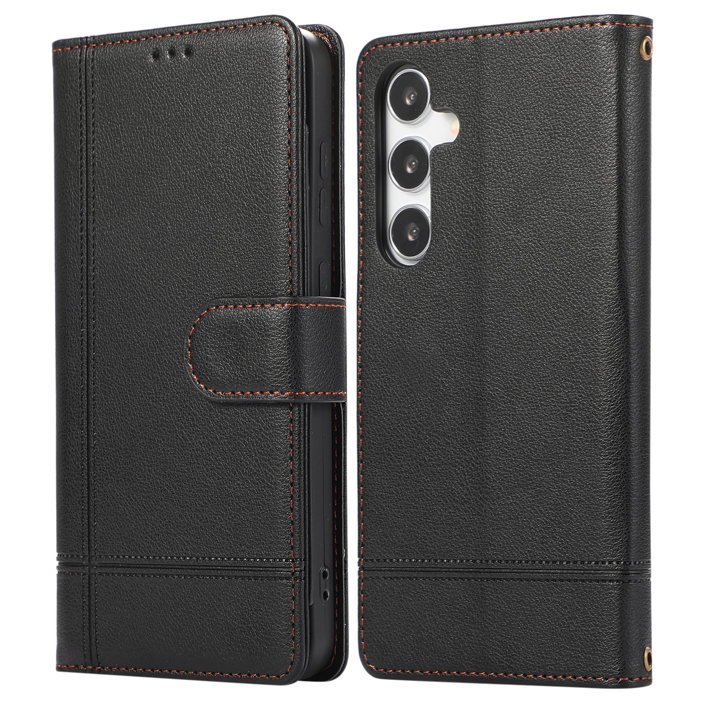 For Samsung Galaxy S24+ Case PU Leather Wallet Built-in Acrylic Mirror Phone Cover with 2 Straps - Black