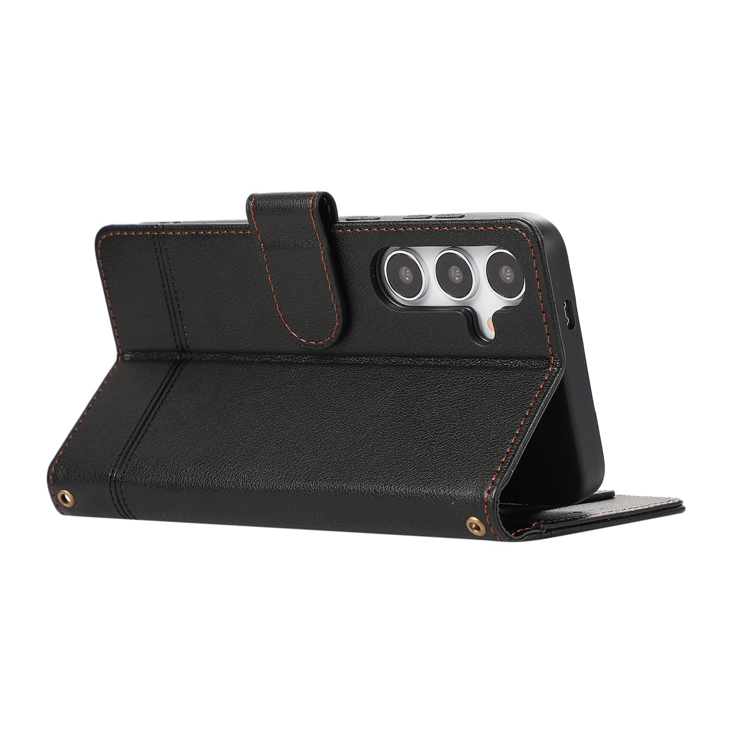 For Samsung Galaxy S24+ Case PU Leather Wallet Built-in Acrylic Mirror Phone Cover with 2 Straps - Black