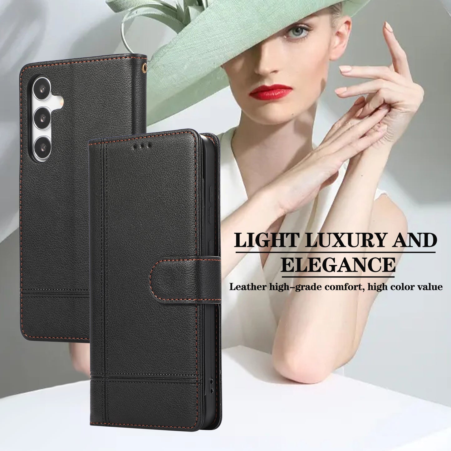 For Samsung Galaxy S24+ Case PU Leather Wallet Built-in Acrylic Mirror Phone Cover with 2 Straps - Black