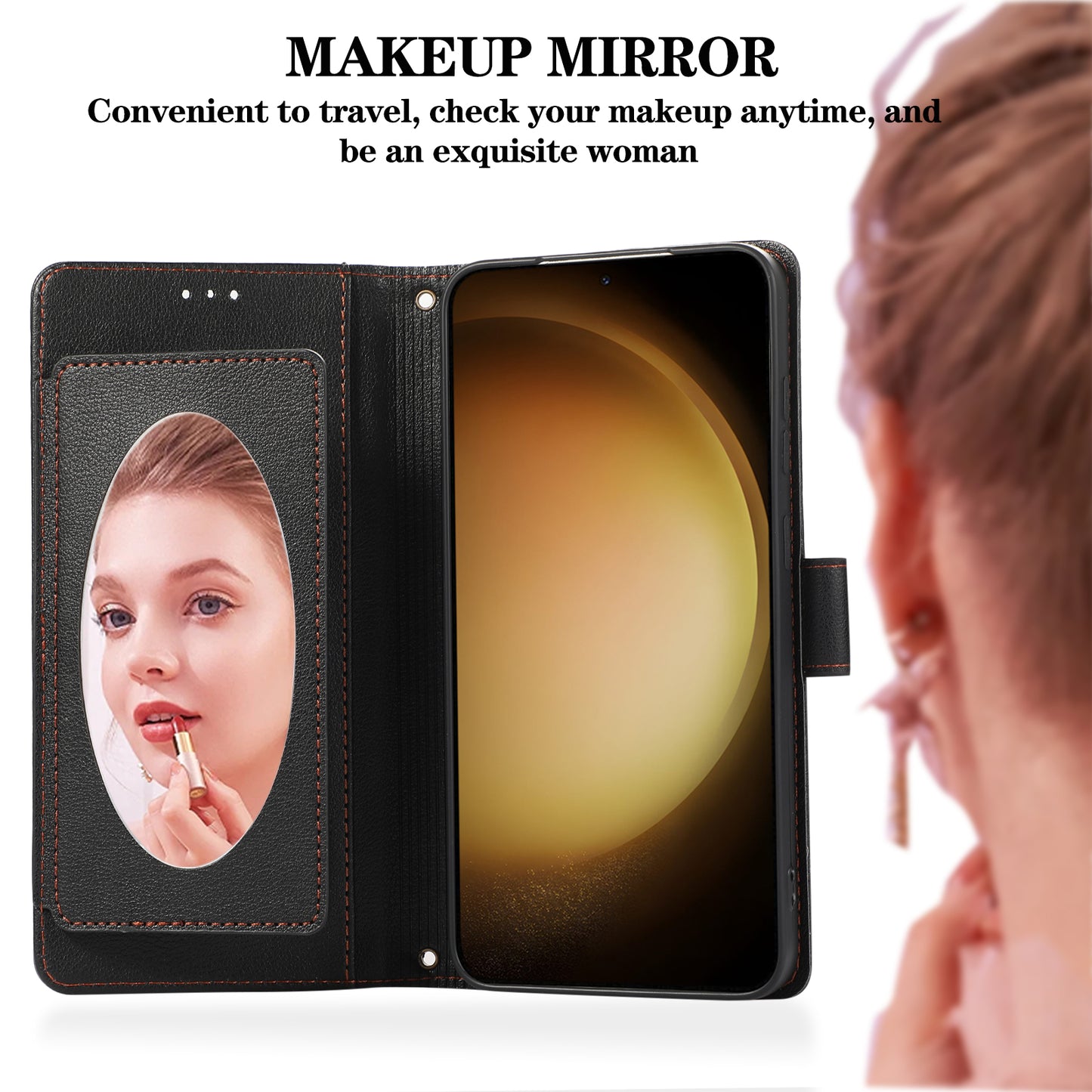 For Samsung Galaxy S24+ Case PU Leather Wallet Built-in Acrylic Mirror Phone Cover with 2 Straps - Black