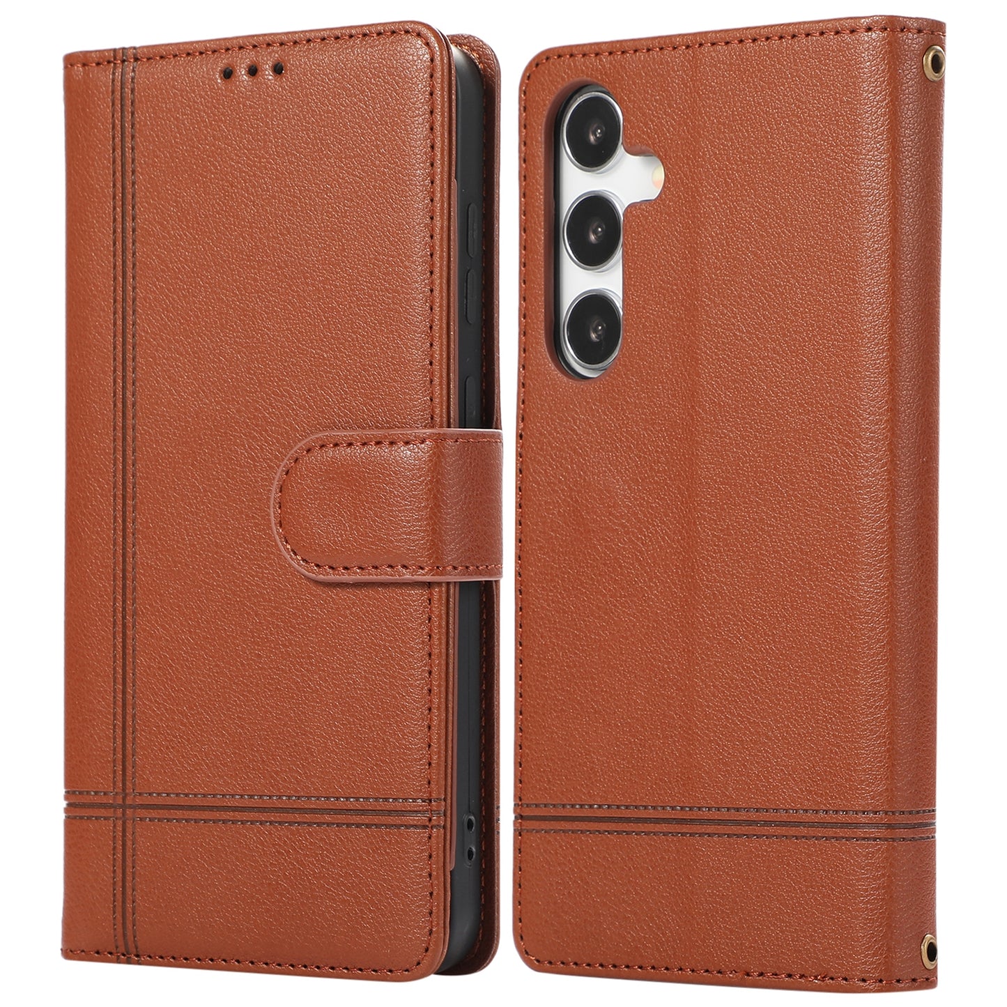 For Samsung Galaxy S24+ Case PU Leather Wallet Built-in Acrylic Mirror Phone Cover with 2 Straps - Brown