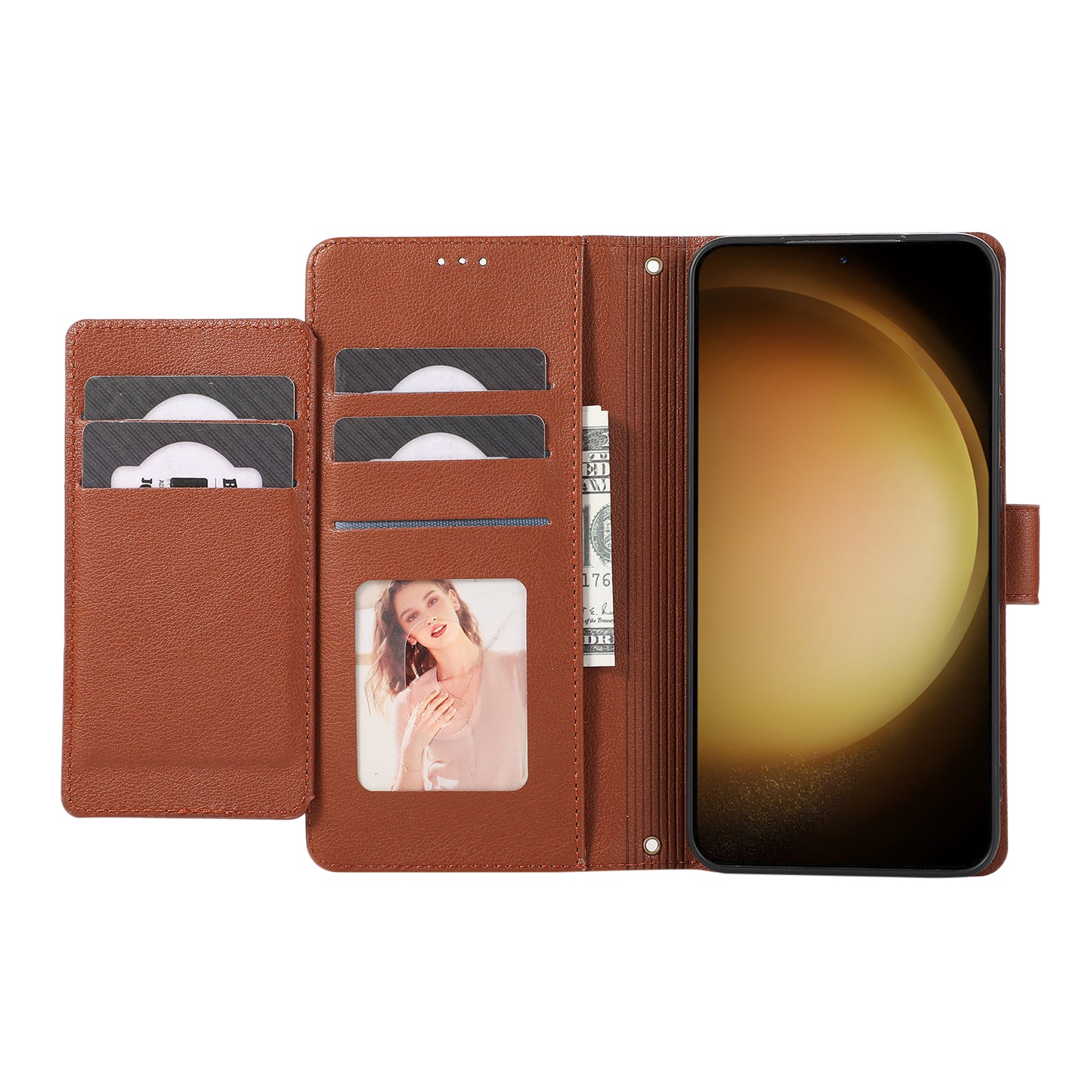 For Samsung Galaxy S24+ Case PU Leather Wallet Built-in Acrylic Mirror Phone Cover with 2 Straps - Brown