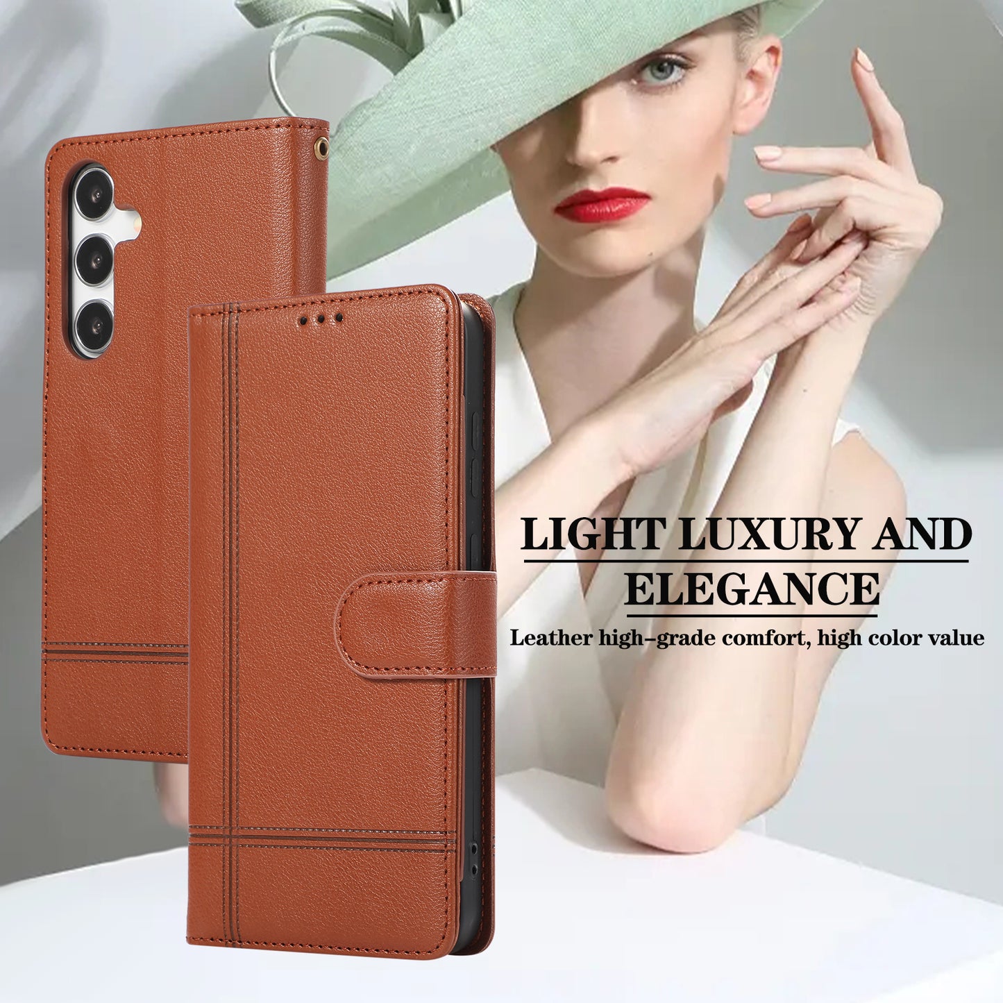 For Samsung Galaxy S24+ Case PU Leather Wallet Built-in Acrylic Mirror Phone Cover with 2 Straps - Brown