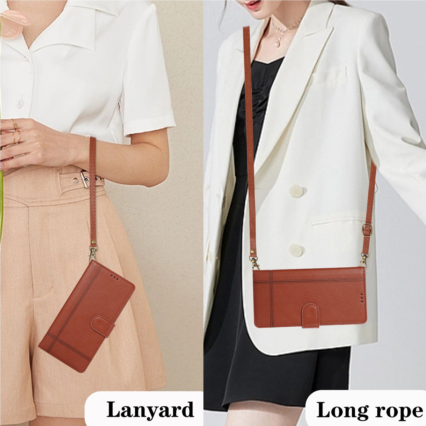 For Samsung Galaxy S24+ Case PU Leather Wallet Built-in Acrylic Mirror Phone Cover with 2 Straps - Brown