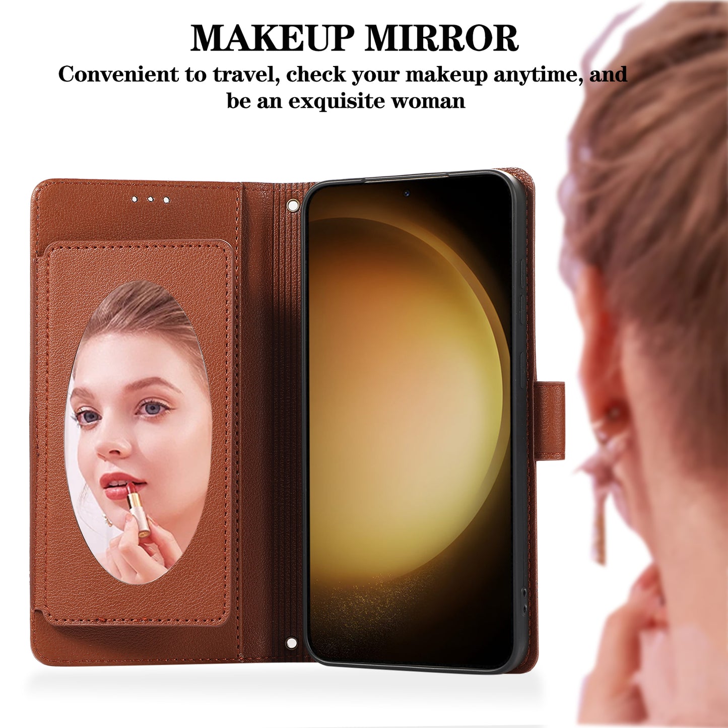 For Samsung Galaxy S24+ Case PU Leather Wallet Built-in Acrylic Mirror Phone Cover with 2 Straps - Brown