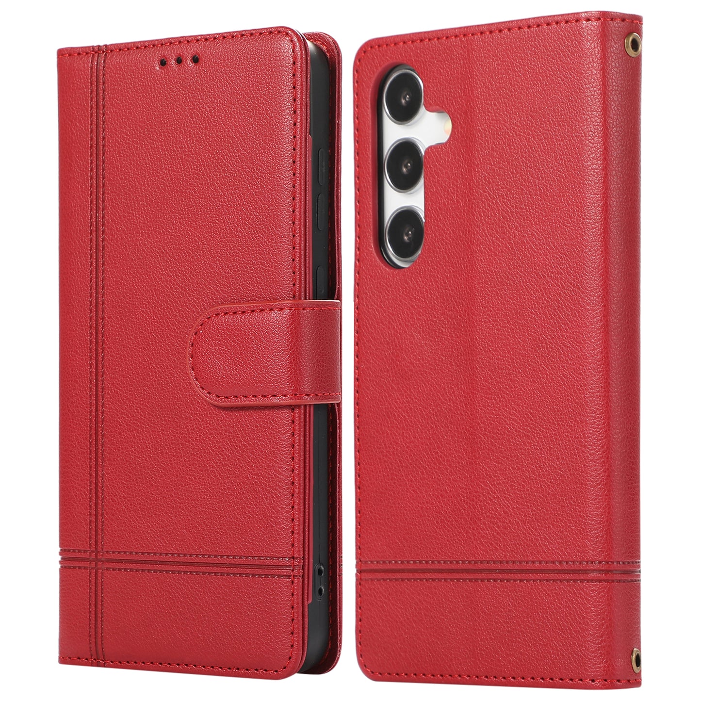 For Samsung Galaxy S24+ Case PU Leather Wallet Built-in Acrylic Mirror Phone Cover with 2 Straps - Red