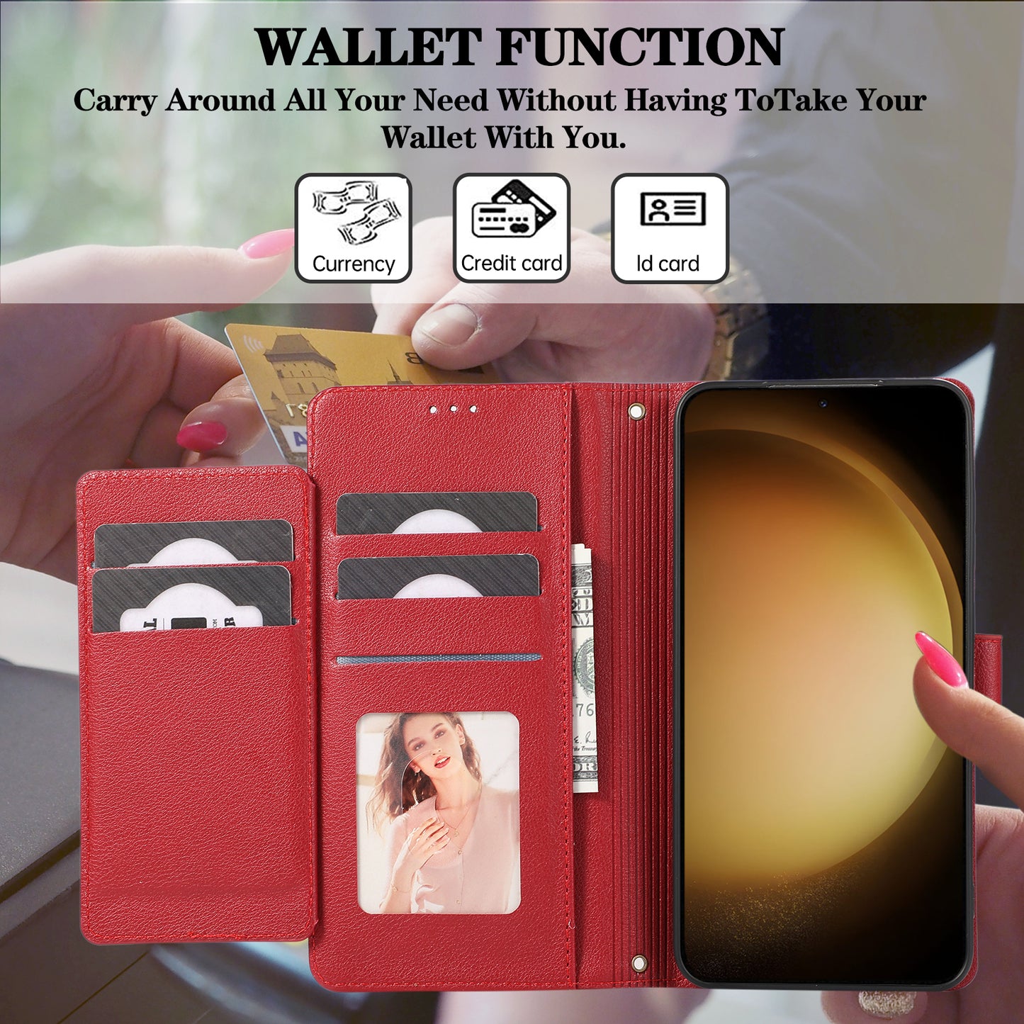 For Samsung Galaxy S24+ Case PU Leather Wallet Built-in Acrylic Mirror Phone Cover with 2 Straps - Red