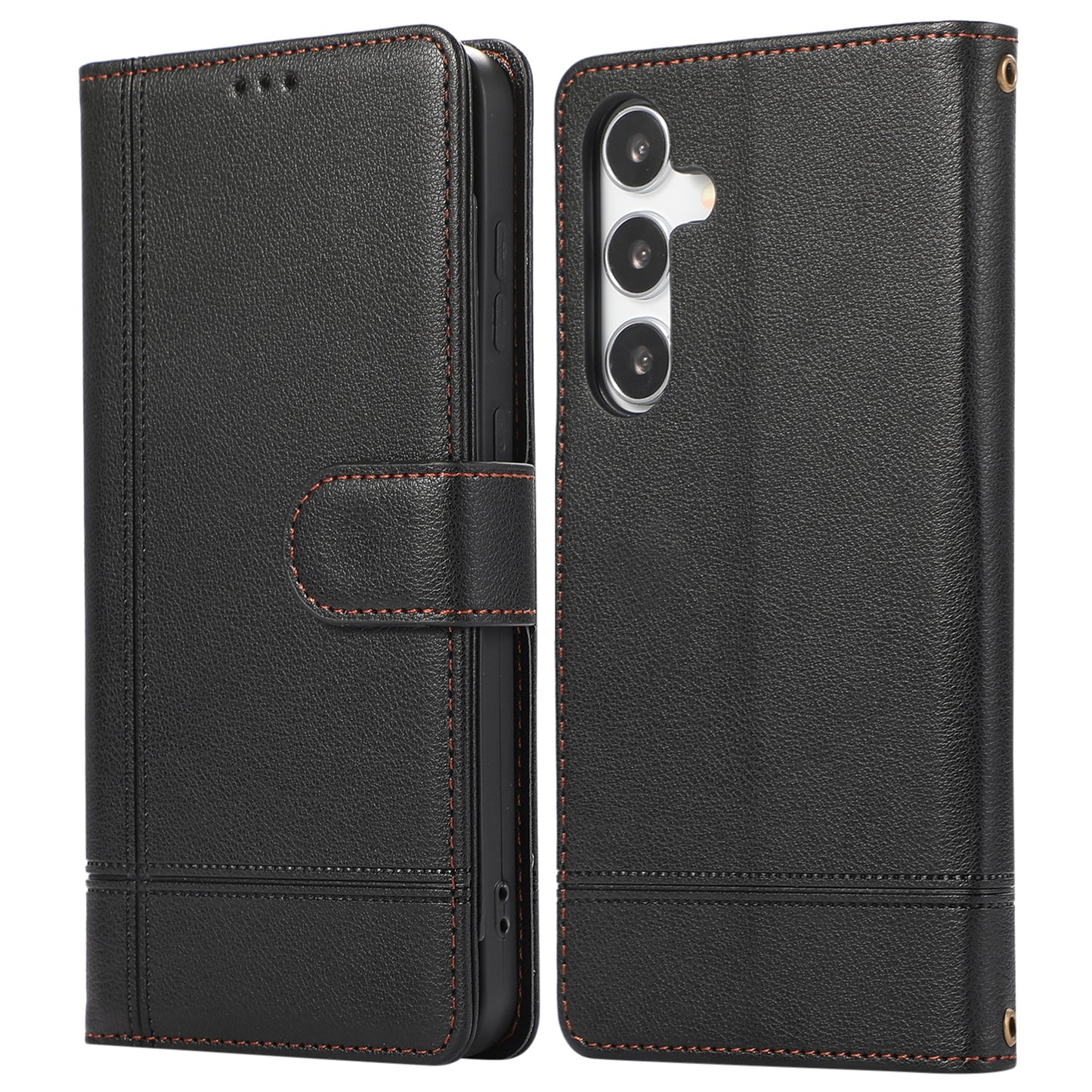 For Samsung Galaxy S24 Cell Phone Case PU Leather Stand Drop-proof Wallet Cover with 2 Straps - Black