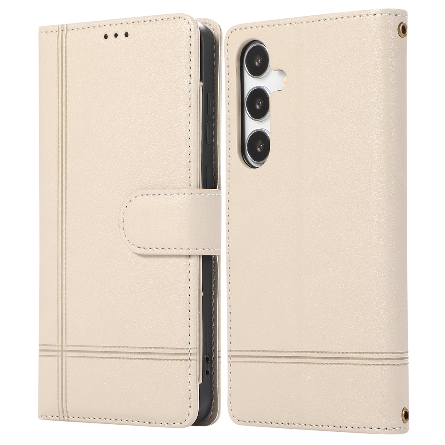 For Samsung Galaxy S24 Cell Phone Case PU Leather Stand Drop-proof Wallet Cover with 2 Straps - Beige