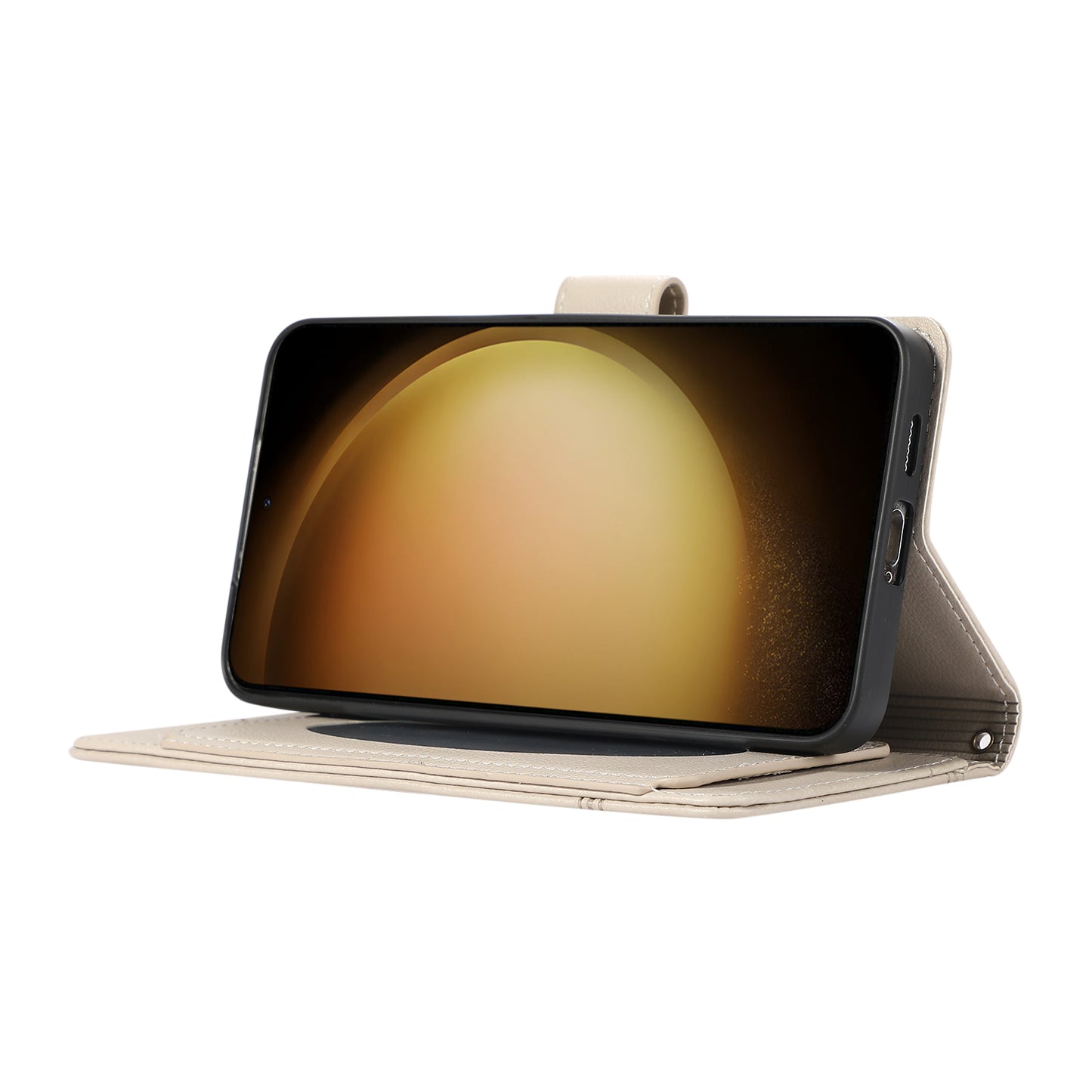 For Samsung Galaxy S24 Cell Phone Case PU Leather Stand Drop-proof Wallet Cover with 2 Straps - Beige