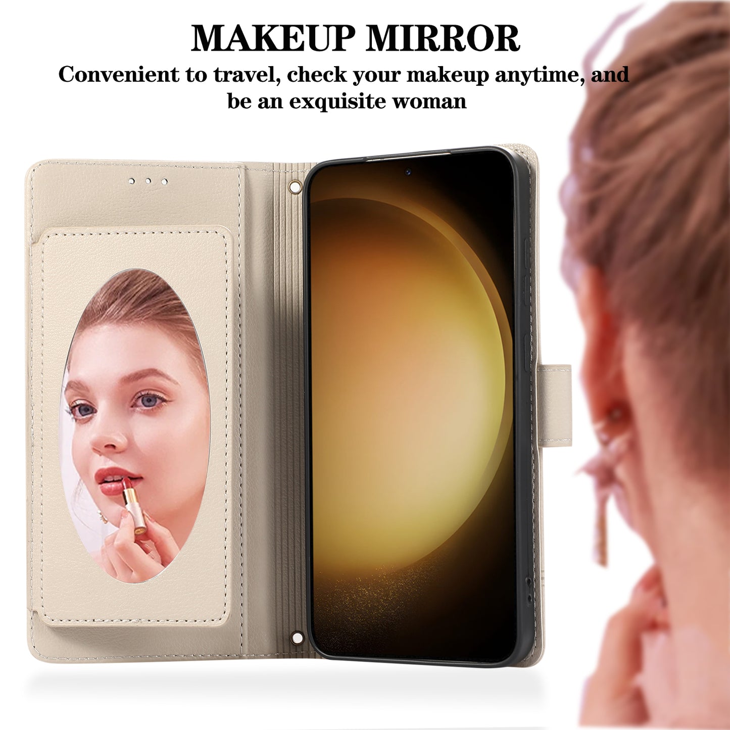 For Samsung Galaxy S24 Cell Phone Case PU Leather Stand Drop-proof Wallet Cover with 2 Straps - Beige