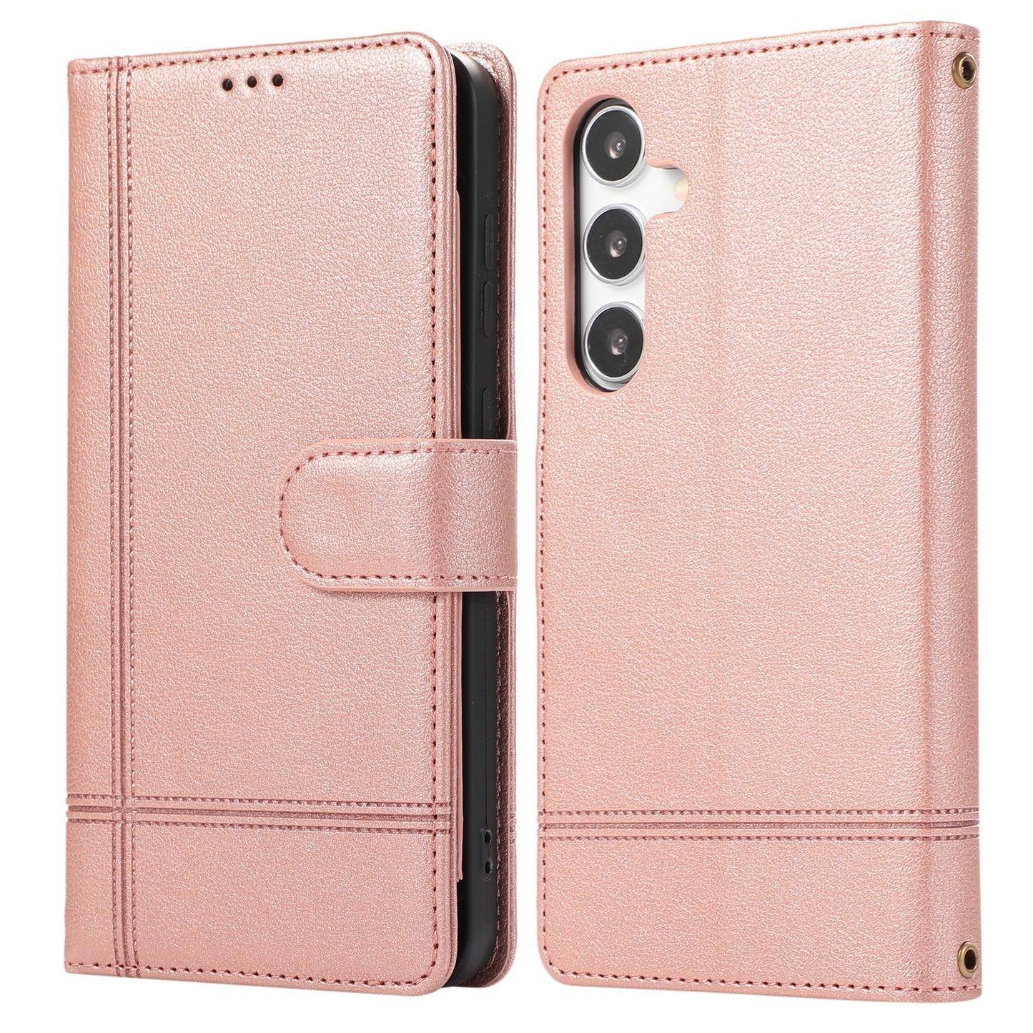 For Samsung Galaxy S24 Cell Phone Case PU Leather Stand Drop-proof Wallet Cover with 2 Straps - Rose Gold