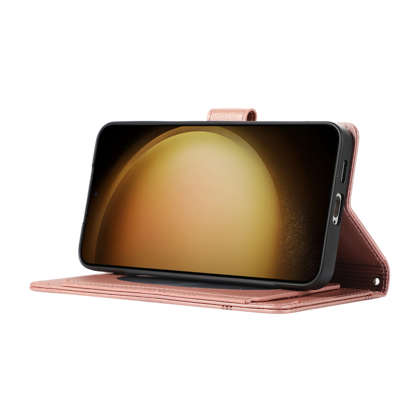 For Samsung Galaxy S24 Cell Phone Case PU Leather Stand Drop-proof Wallet Cover with 2 Straps - Rose Gold