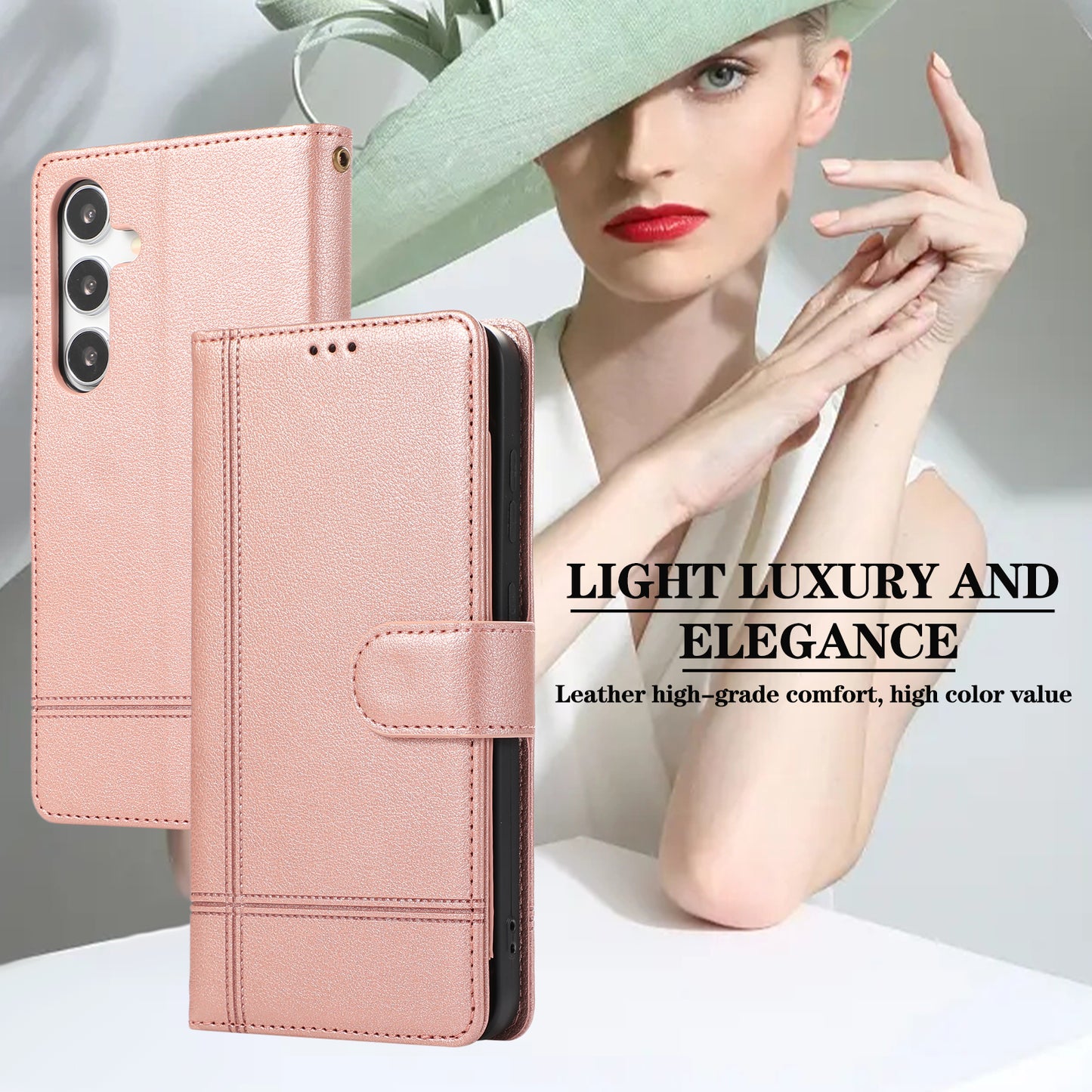 For Samsung Galaxy S24 Cell Phone Case PU Leather Stand Drop-proof Wallet Cover with 2 Straps - Rose Gold