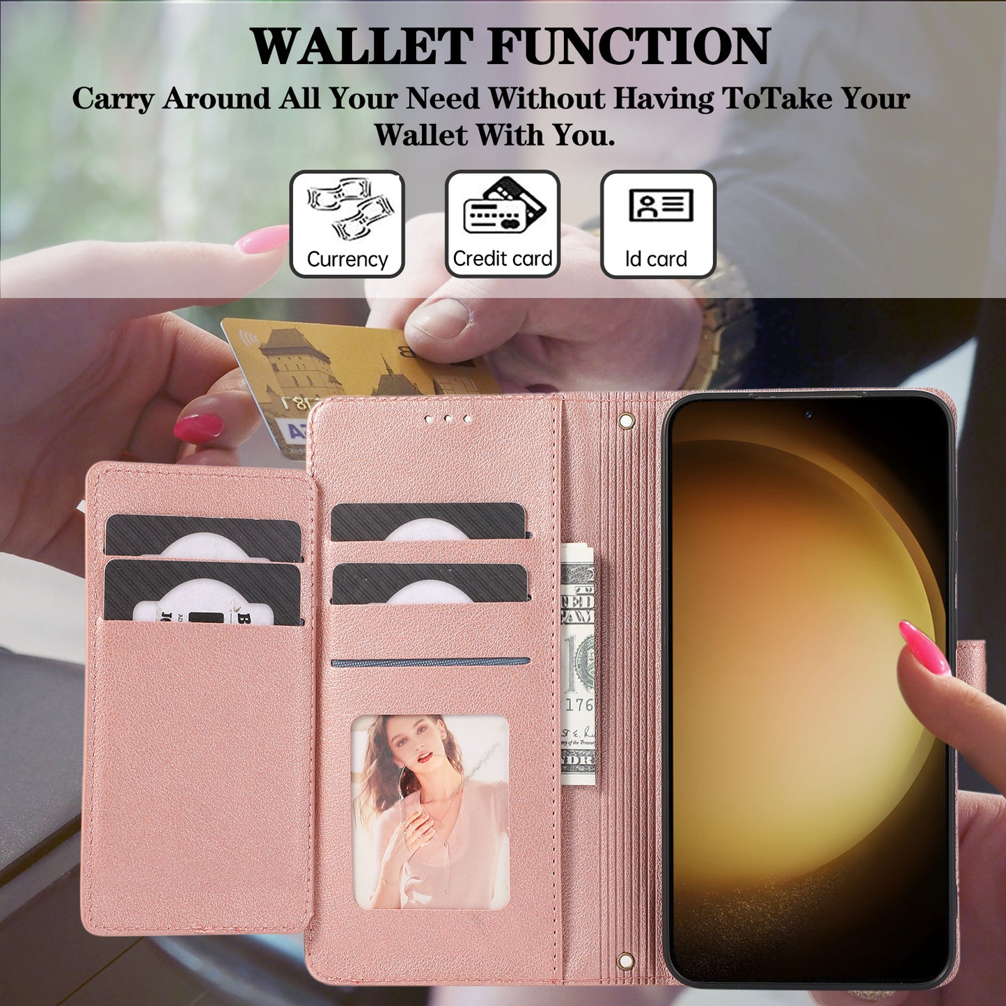 For Samsung Galaxy S24 Cell Phone Case PU Leather Stand Drop-proof Wallet Cover with 2 Straps - Rose Gold