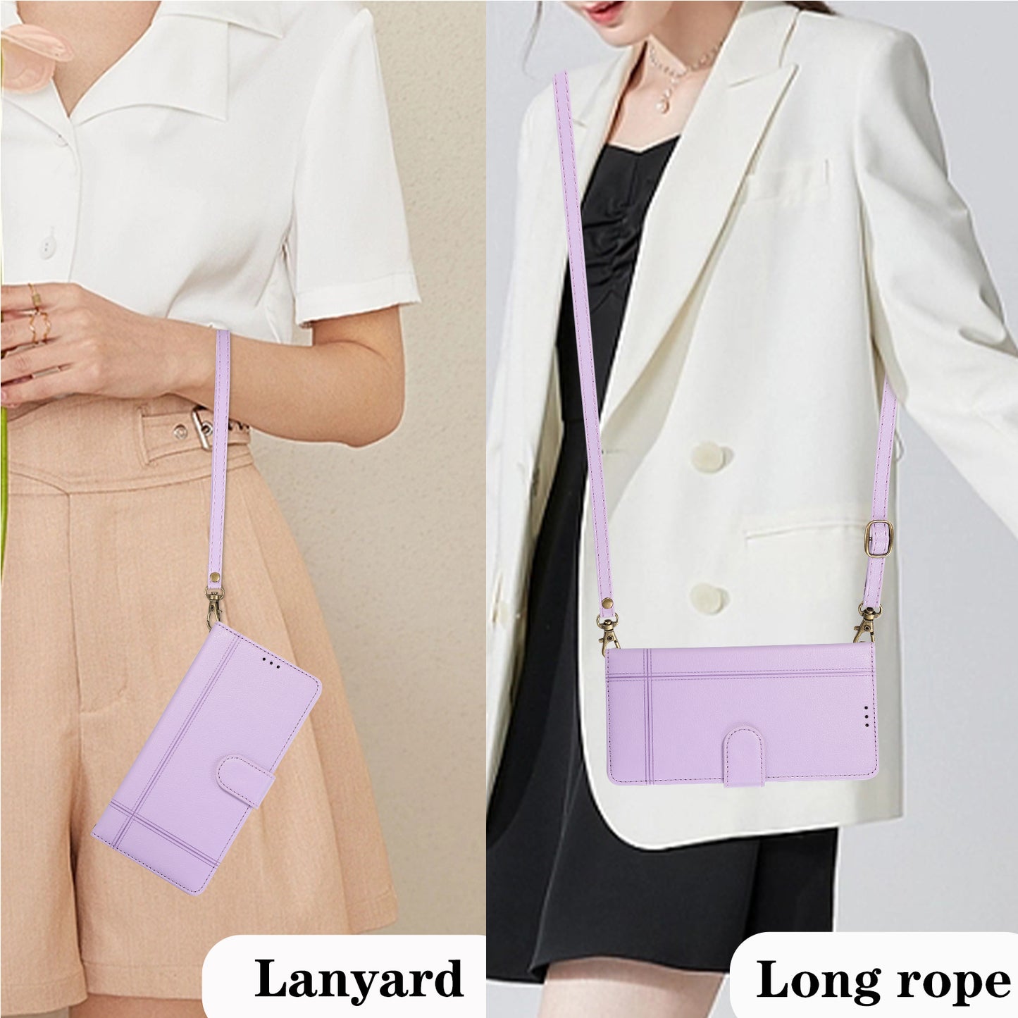 For Samsung Galaxy S24 Cell Phone Case PU Leather Stand Drop-proof Wallet Cover with 2 Straps - Purple