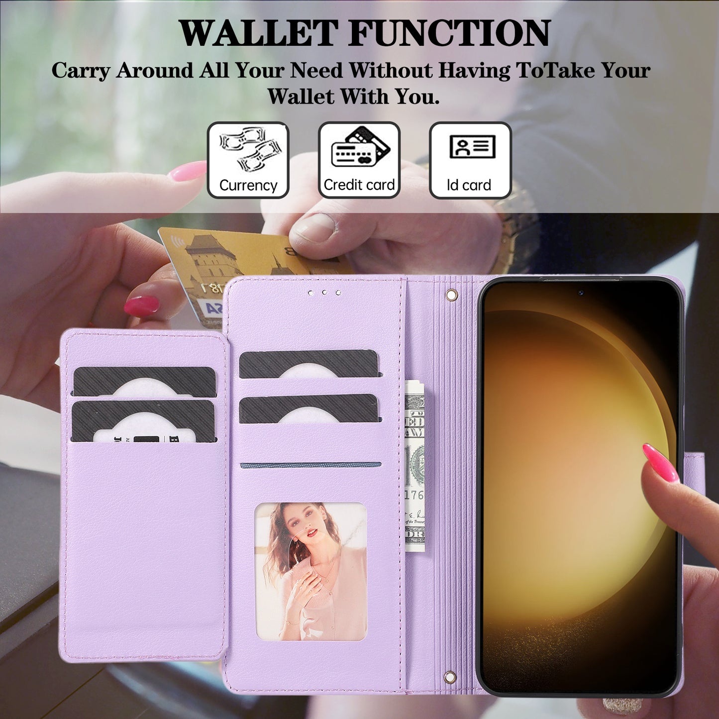 For Samsung Galaxy S24 Cell Phone Case PU Leather Stand Drop-proof Wallet Cover with 2 Straps - Purple