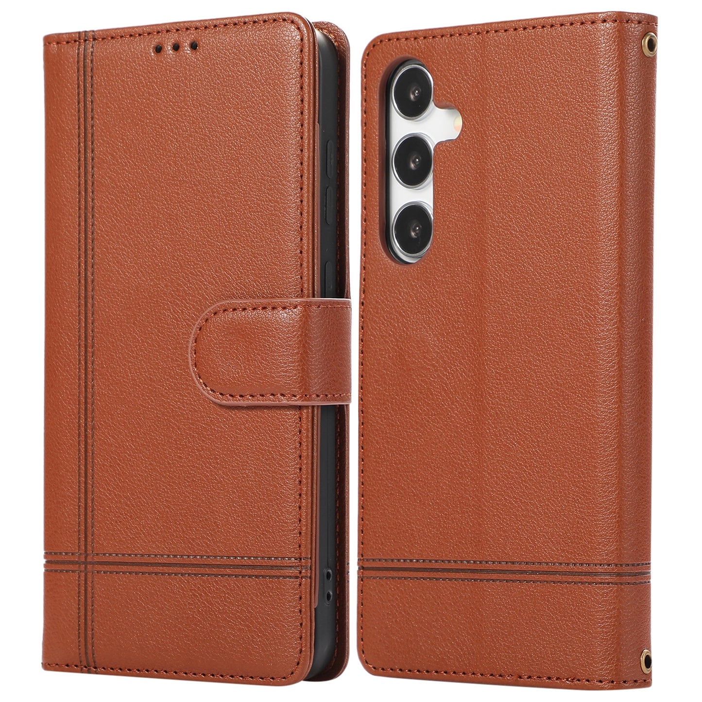 For Samsung Galaxy S24 Cell Phone Case PU Leather Stand Drop-proof Wallet Cover with 2 Straps - Brown
