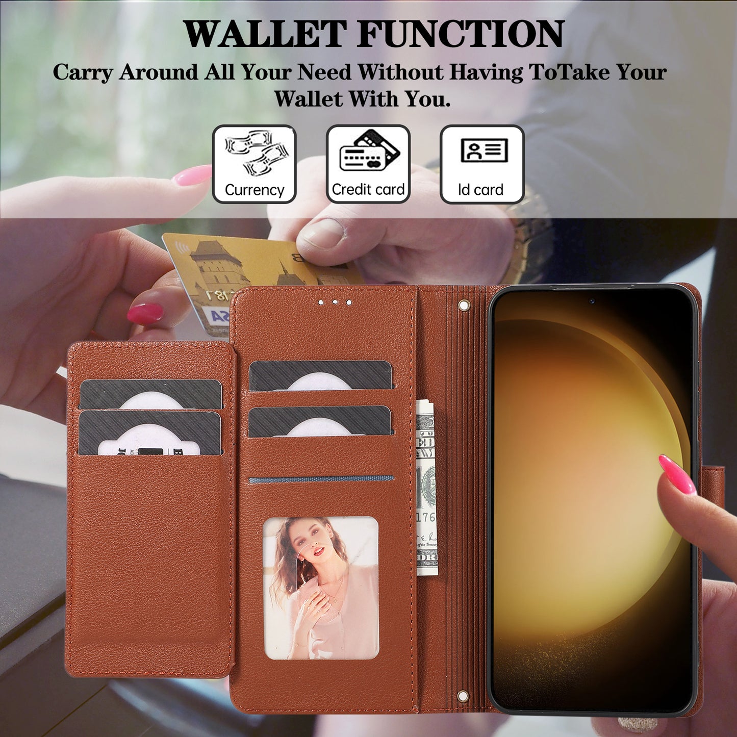 For Samsung Galaxy S24 Cell Phone Case PU Leather Stand Drop-proof Wallet Cover with 2 Straps - Brown