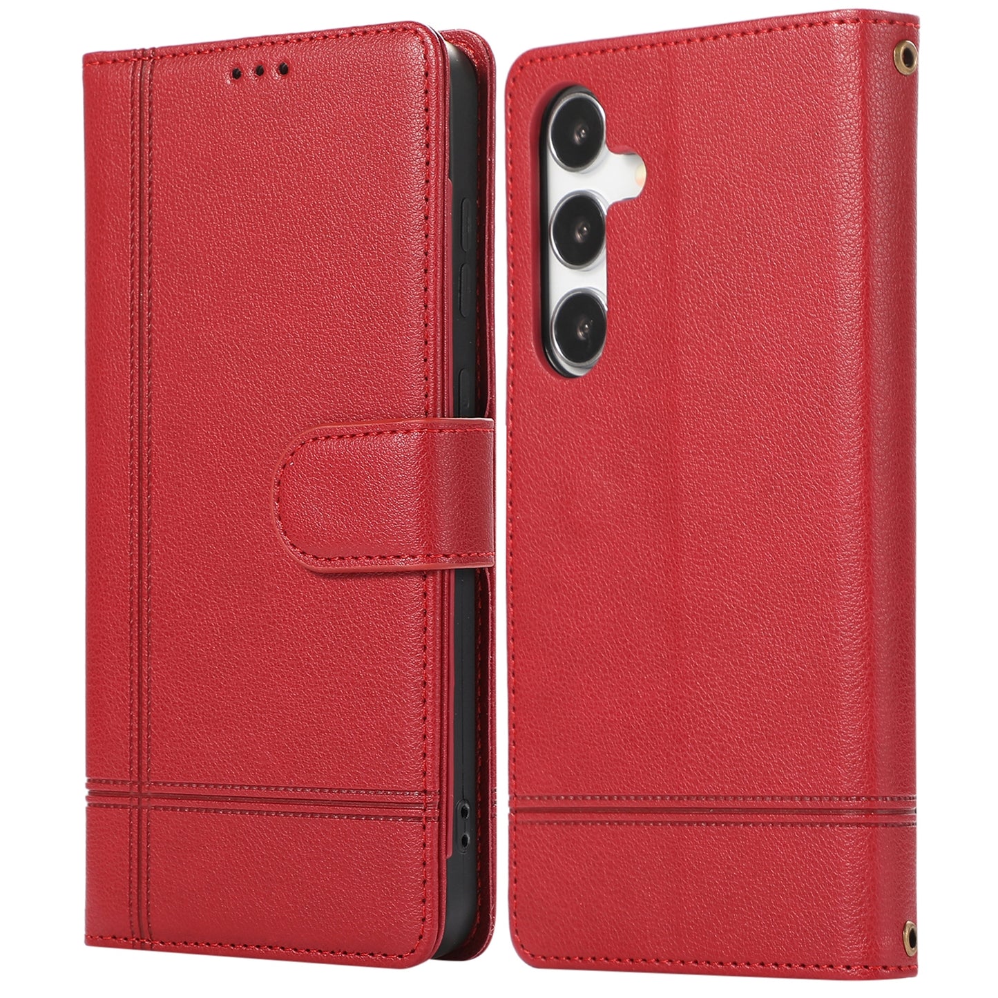 For Samsung Galaxy S24 Cell Phone Case PU Leather Stand Drop-proof Wallet Cover with 2 Straps - Red